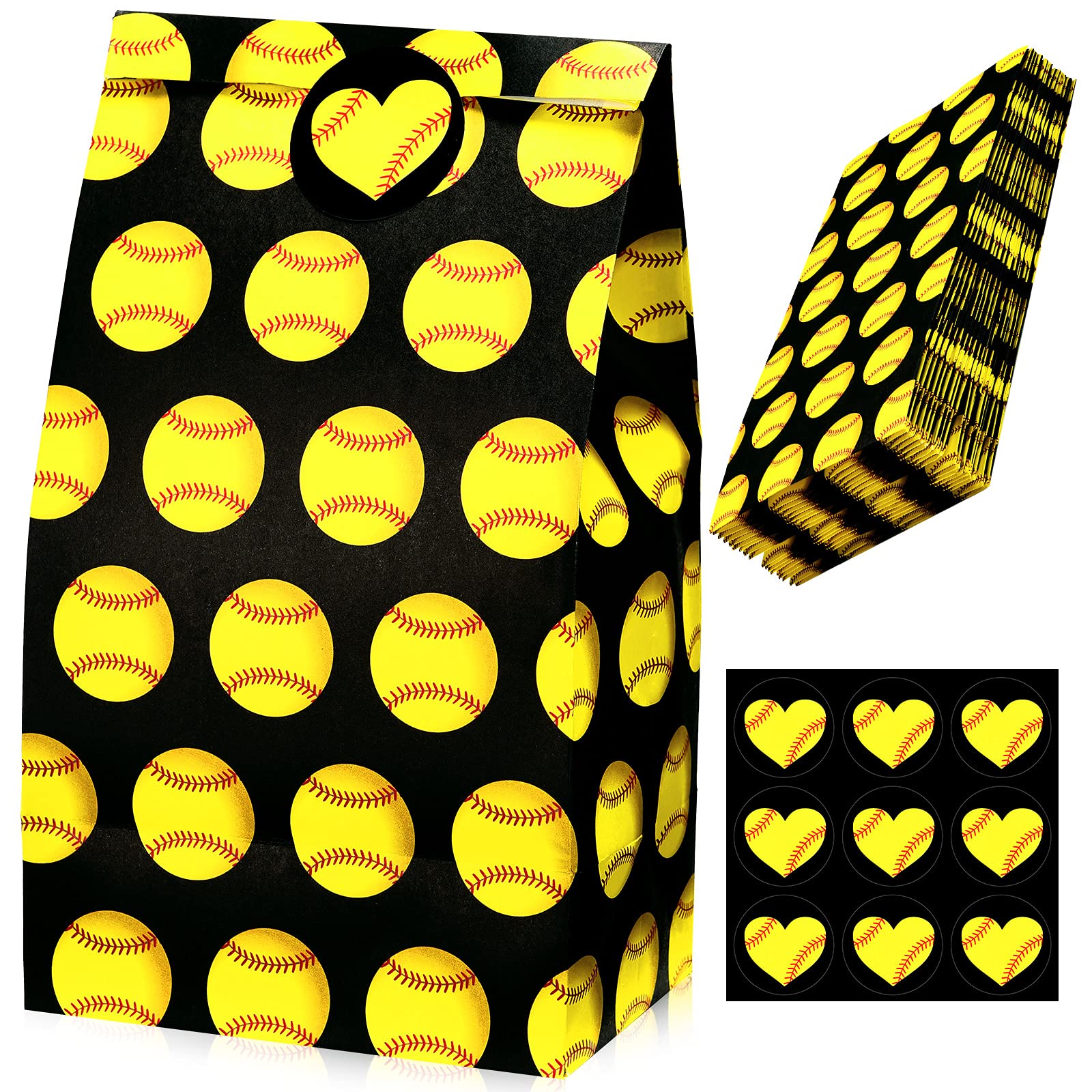 Outus 18 Pcs Softball Party Treat Bags 8.3 x 4.7 x 3.15 Inches Softball Goodie Favor Treat Bags with 18 Pcs Stickers for Sport Softball Theme Birthday Party Decorations Supplies (Stylish Style)