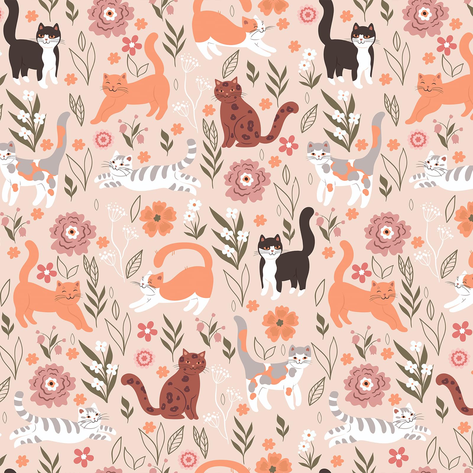 VEELIKE Pink Cat Floral Wallpaper Peel and Stick Cute Animal Cat Wallpaper Stick and Peel for Nursery Kids Bedroom 17.7''x354'' Self Adhesive