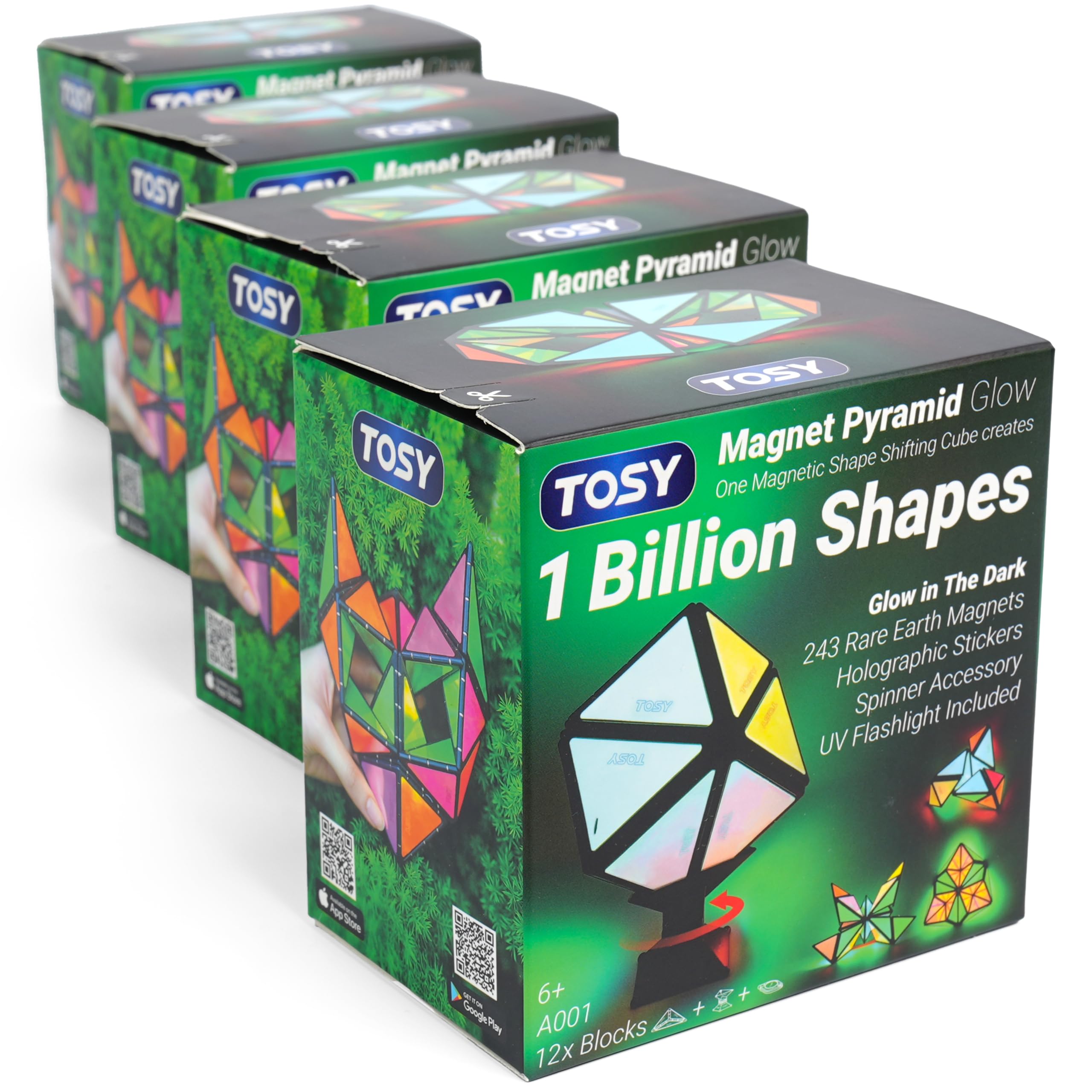 TOSY Magnet Pyramid Glow - 1 Würfel verwandelt Sich in 1 Milliarde Formen, 243 Magnete, leuchtendes, Spinner-Zubehör, Zappel/Puzzle-Spielzeug, Ostergeschenk für Kinder, 4er-Set