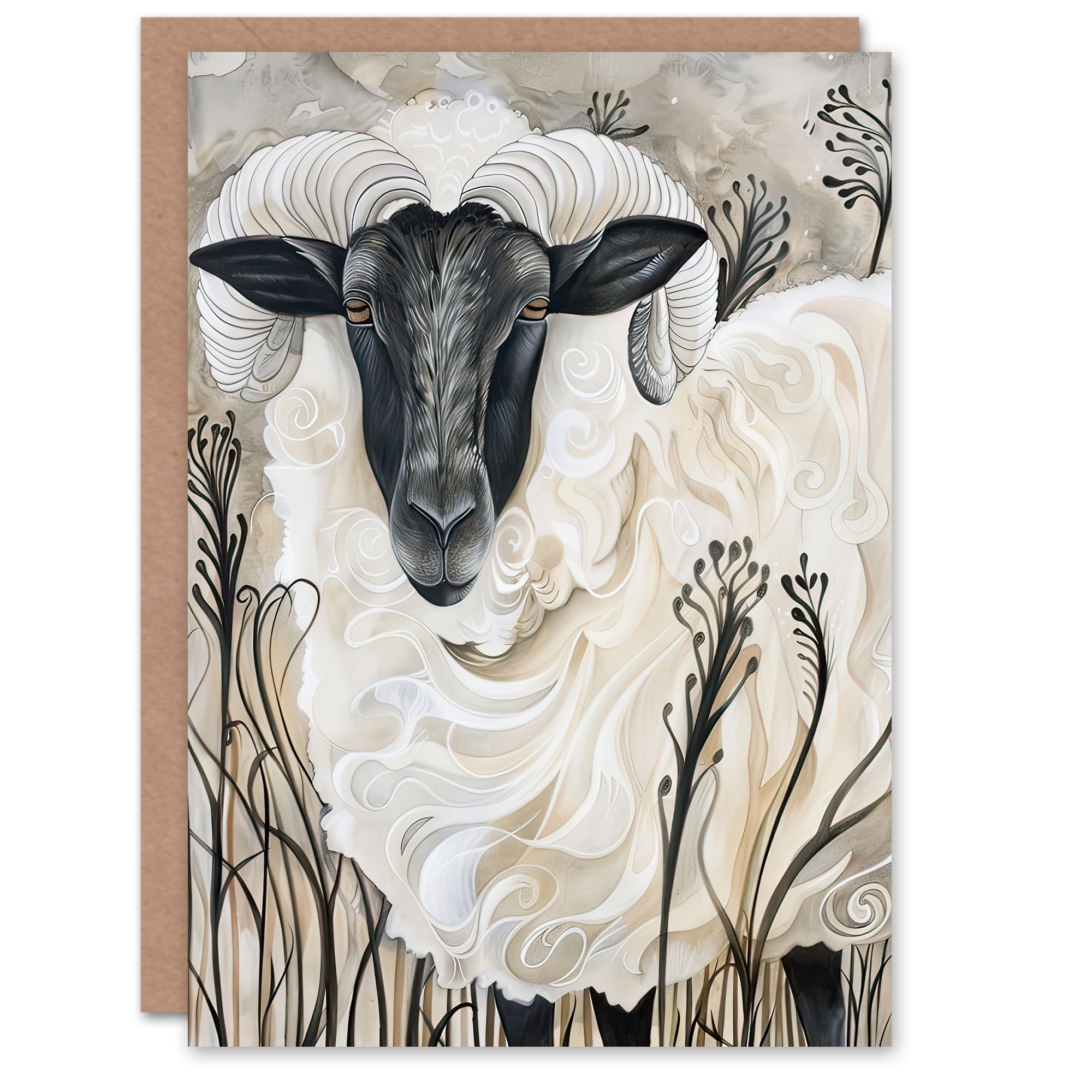 Artery8 Greeting Card Stylised Ram Sheep Animal Portrait Painting Blank For Him Or Her Art Birthday Card