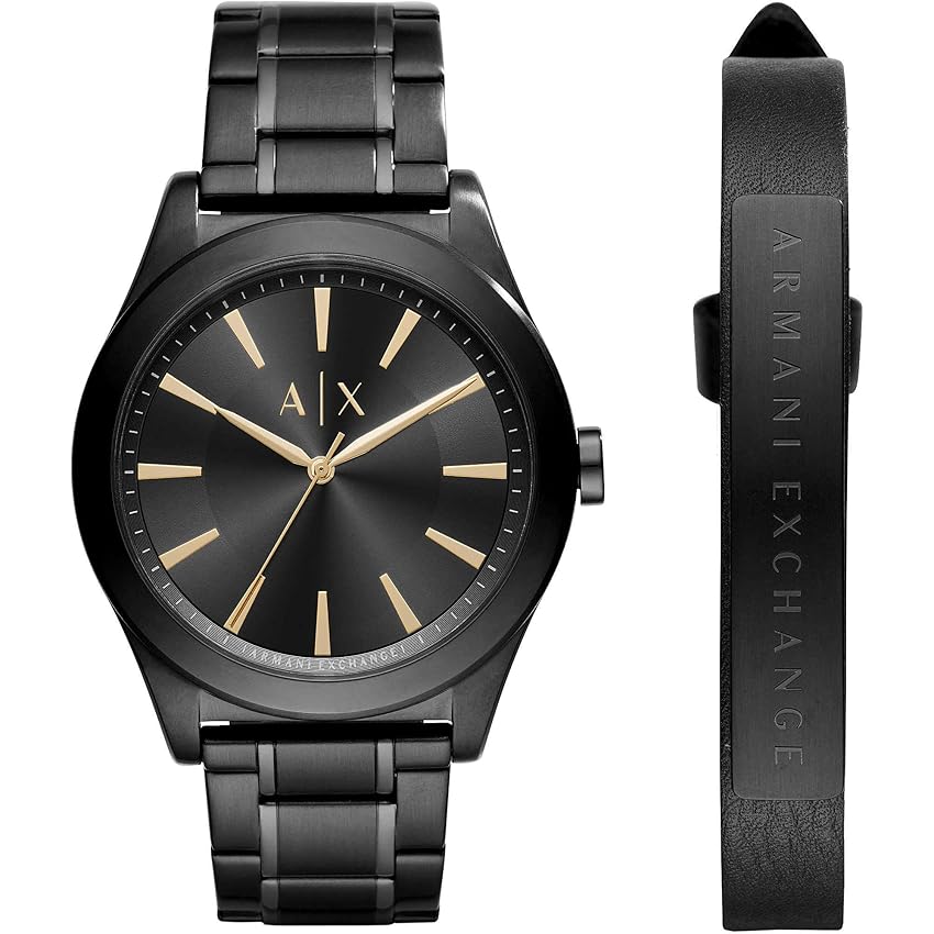 Armani Exchange Orologio per uomo, Movimento al quarzo a tre lancette e cassa da 44 mm con cinturino in acciaio, Set nero e oro