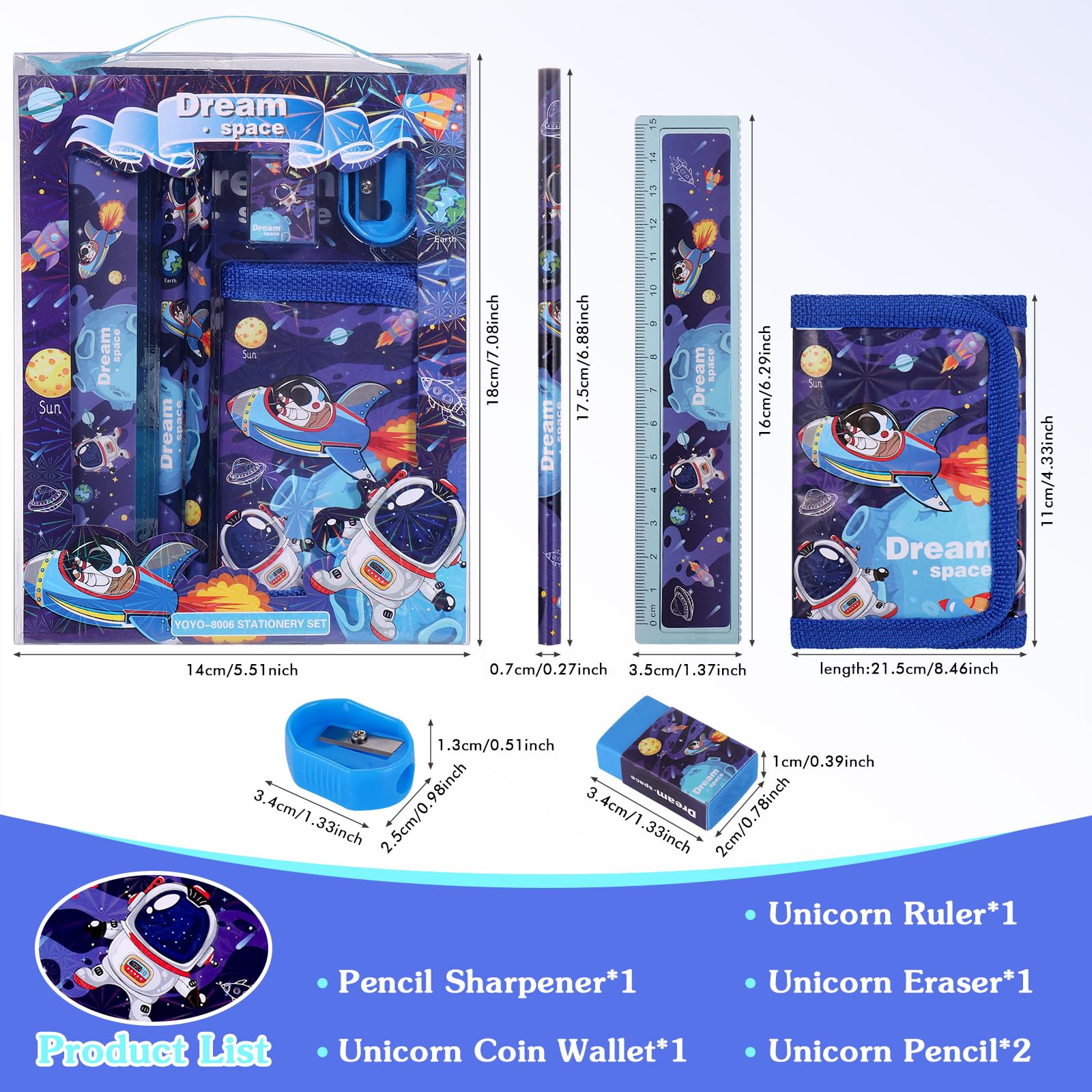 JIANTA Set Cancelleria Astronauta, Set Cancelleria per la Scuola che include 2 Matite, Portamonete, Righello, Gomma e Temperamatite, Regali di Compleanno Astronauta per Ragazze e Ragazzi