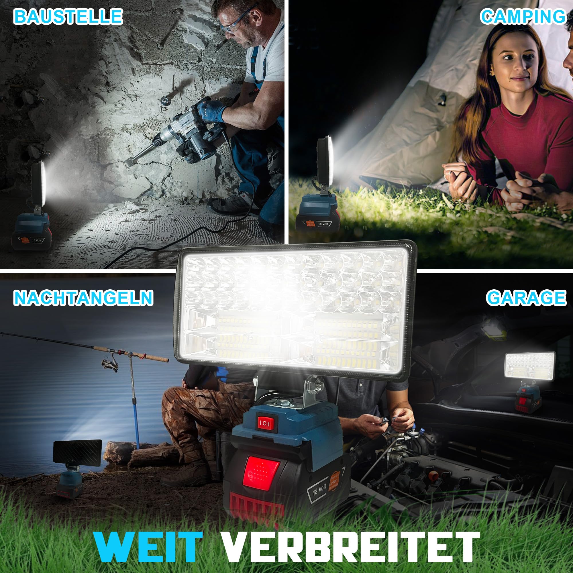 Lampe LED sans fil pour batterie Bosch 18 V, 96 W 6800 lm, projecteur de chantier LED avec USB + type C (sans batterie)