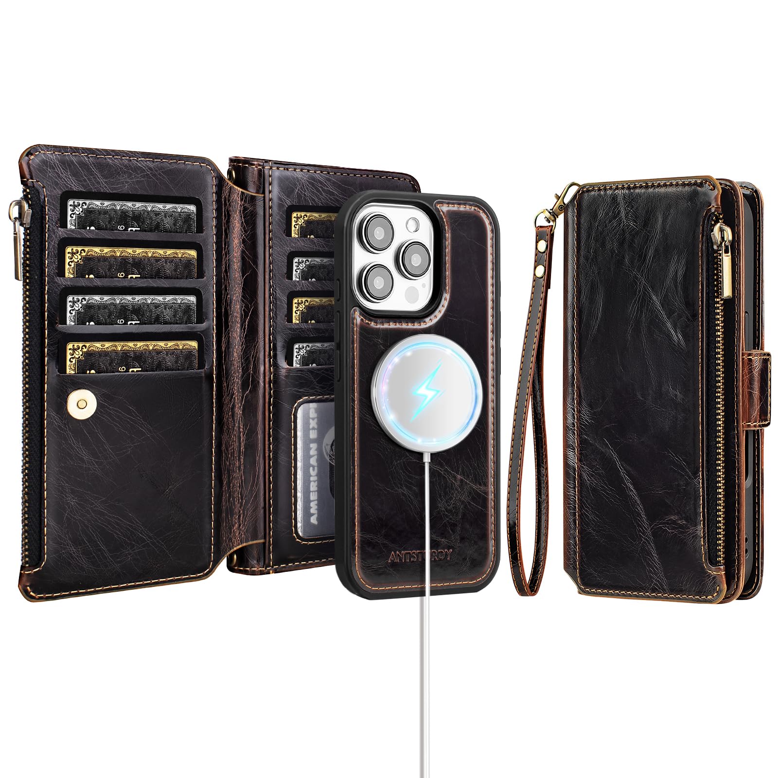 Antsturdy for iPhone 16 Pro Detachable 2 in 1 Wallet Case,Coffee | Magnetic PU Leather RFID Blocking Case with Card Slots,Zipper Pocket & Wrist
