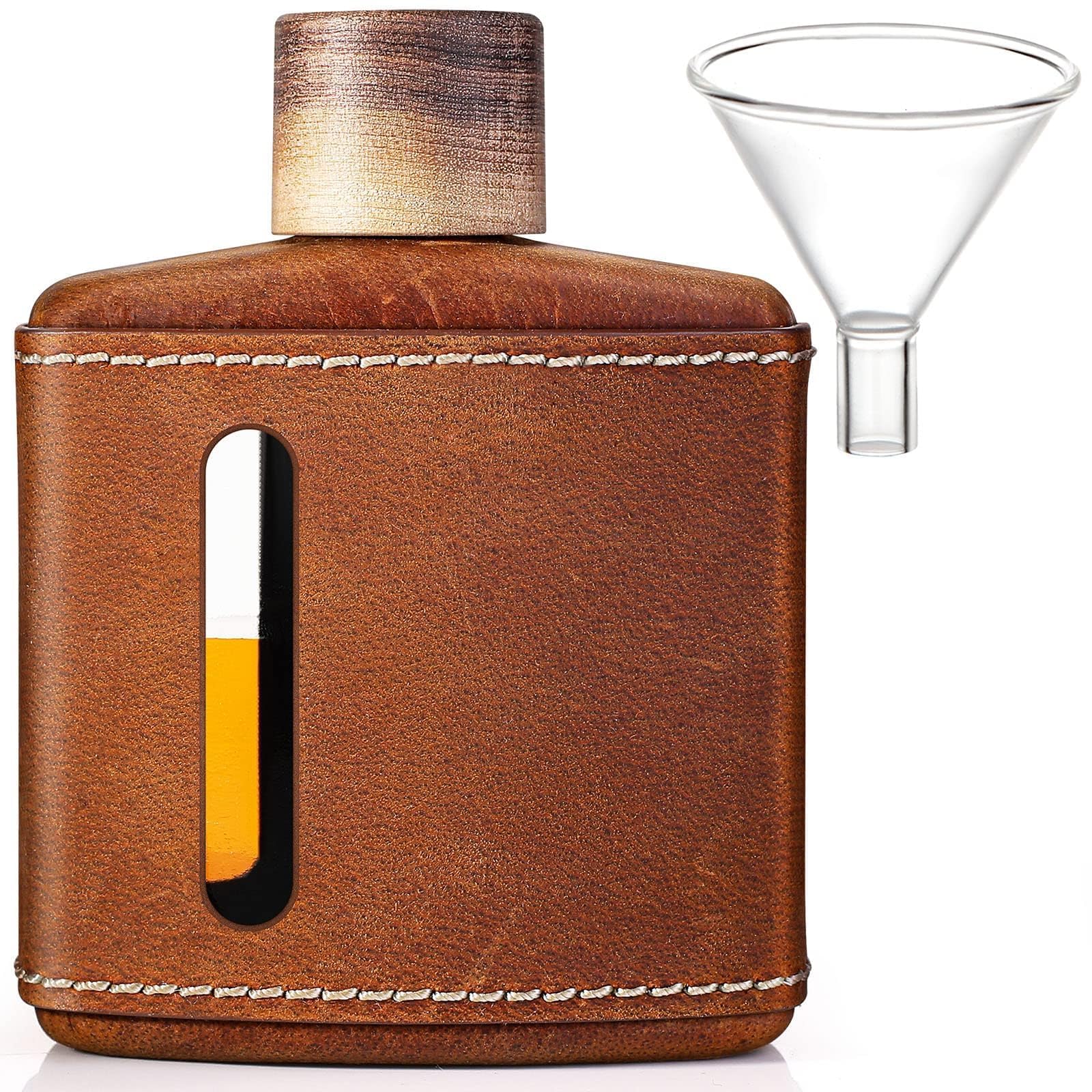 Garybank Handmade Crazy Horse Leather Hip Flasks for Whiskey Liquor for Men, Fathers Day Glass Flask Gift Idea with Funnel &Wood Lids Leakproof for Hennessy Liquor &Spirits, 200ml