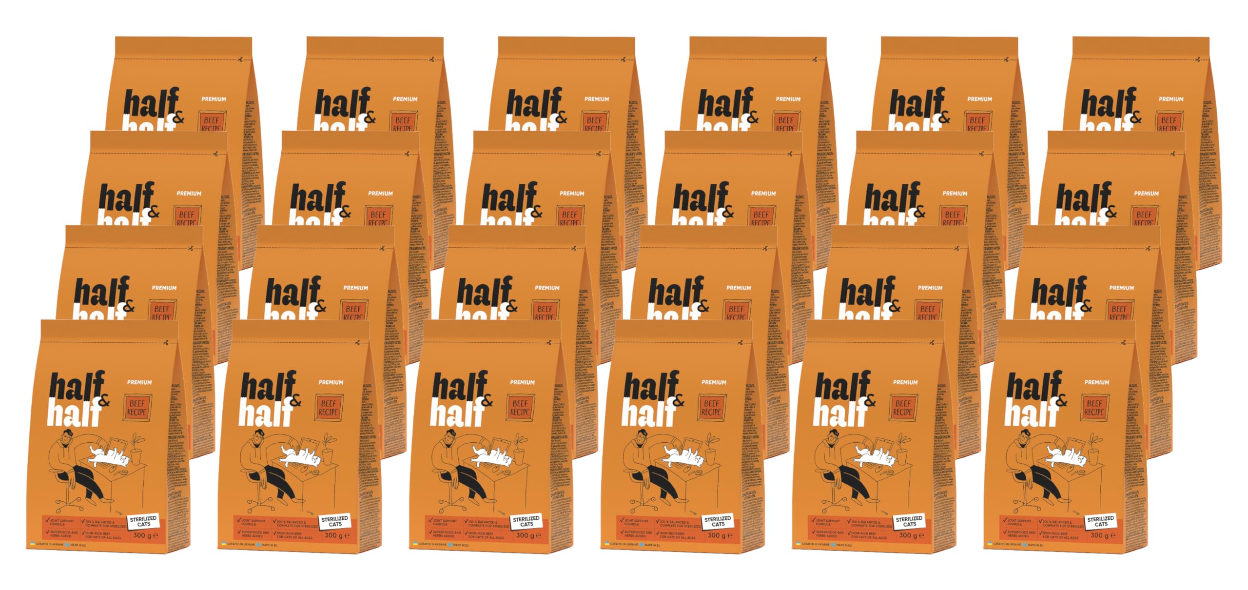 half&half - Sucha Karma dla Kotów - Suchy Pokarm - Dorosły Kot Sterylizowany - Wołowina - ze Świeżego Suszonego Mięsa, Witaminą A, D3, E - 24 Szt. (24 x 300 g)