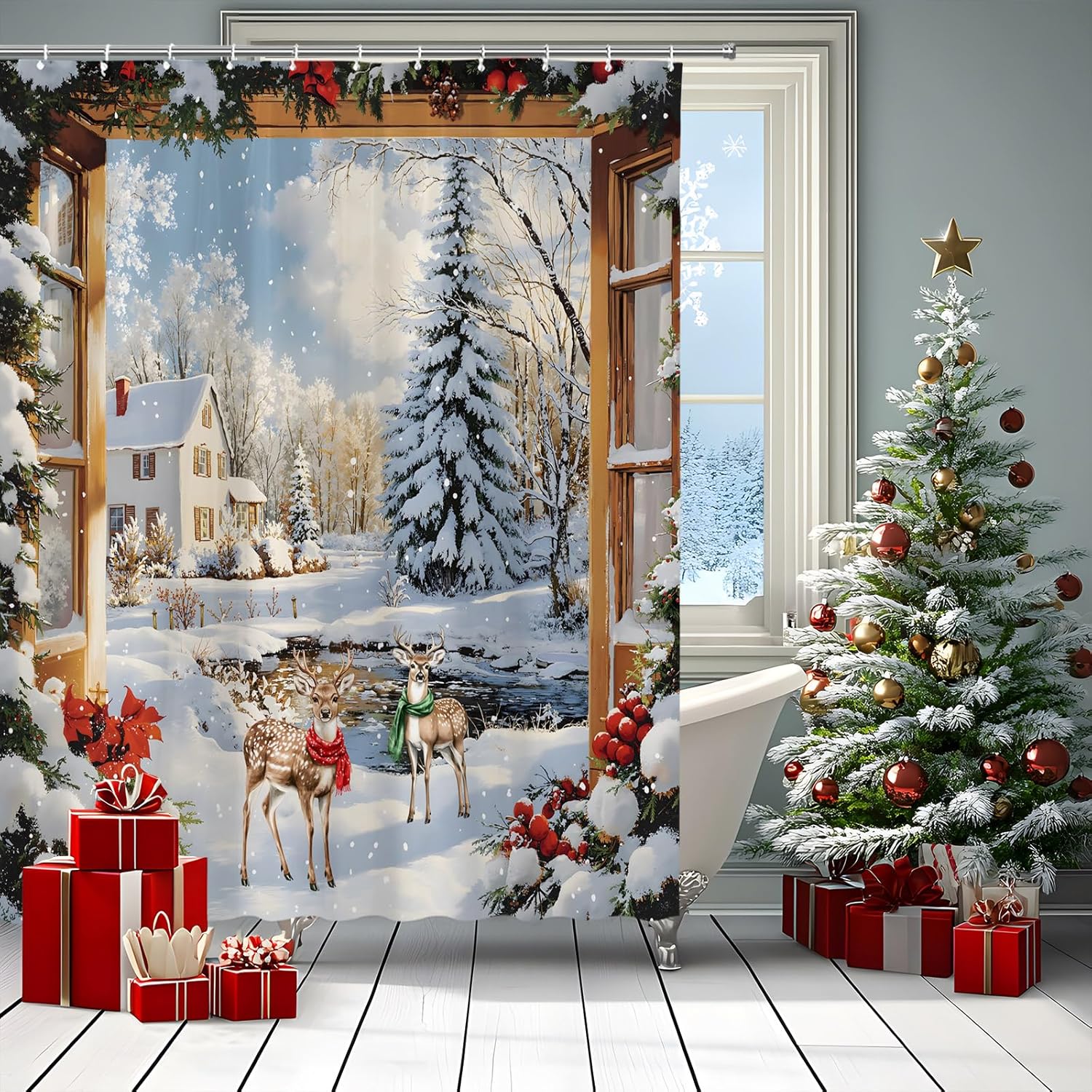 Winter Christmas Deer Shower Curtain Rustic Snow Scene Cabin Farmhouse Pine Tree Wooden Window Country Lake Hunting New Year Holiday Bathroom Curtain Set Polyester Fabric Hooks 90 X 70 Inch