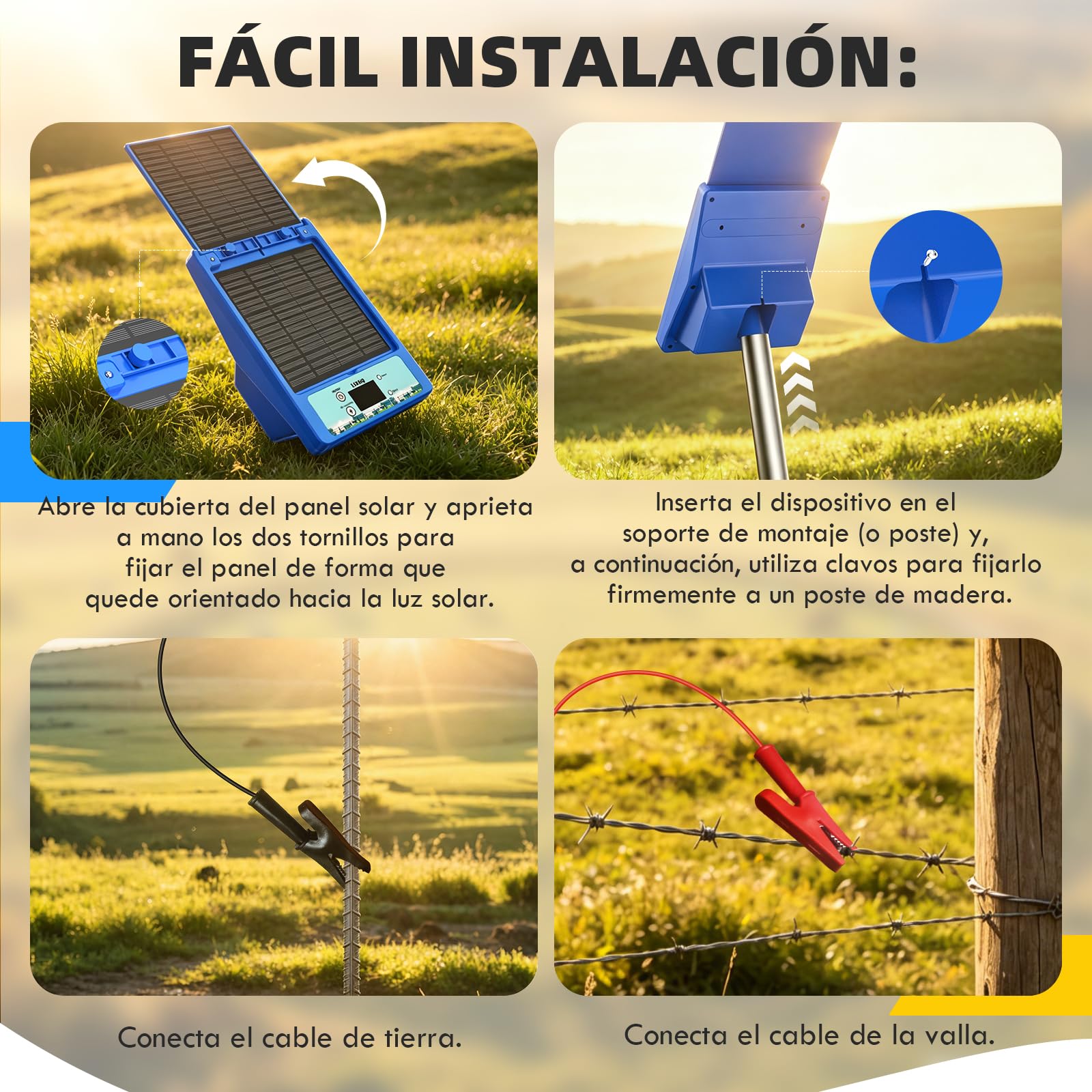 Cercado Eléctrico Solar 12V 32KM, 0.3-2J, 6KV-12KV Ajustable, Cerca Eléctrica con Batería de Litio 18Ah & Kit de Puesta a Tierra, Panel Solar 10W, Protección Confiable para Aves de Corral(Azul)