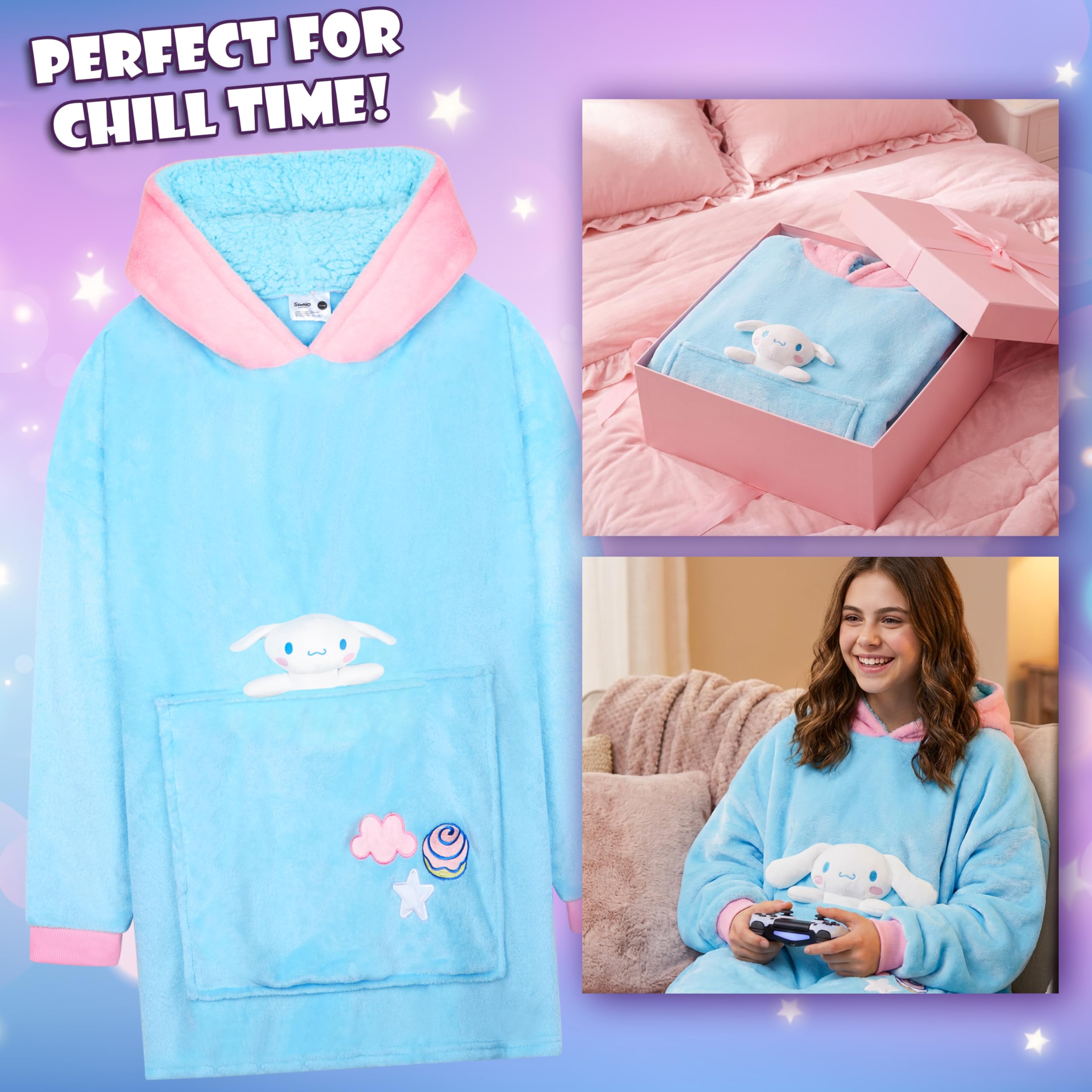 Hello Kitty Sanrio Sweat Polaire à Capuche Oversize Fille Ado et Peluche Intégrée, Couverture Portable, Anime Cadeau Kawaii