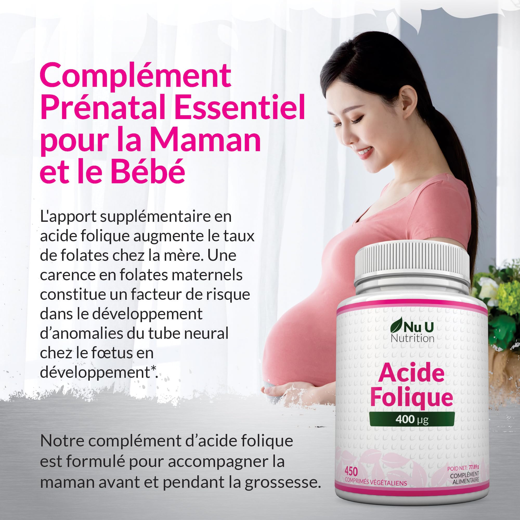 Acide Folique 400 µg – 450 Micro Comprimés Végétaliens – Cure de 15 Mois – Vitamine B9 Folate pour Femmes Enceintes – Supplément Prénatal – Fabriqué en Europe – Nu U Nutrition