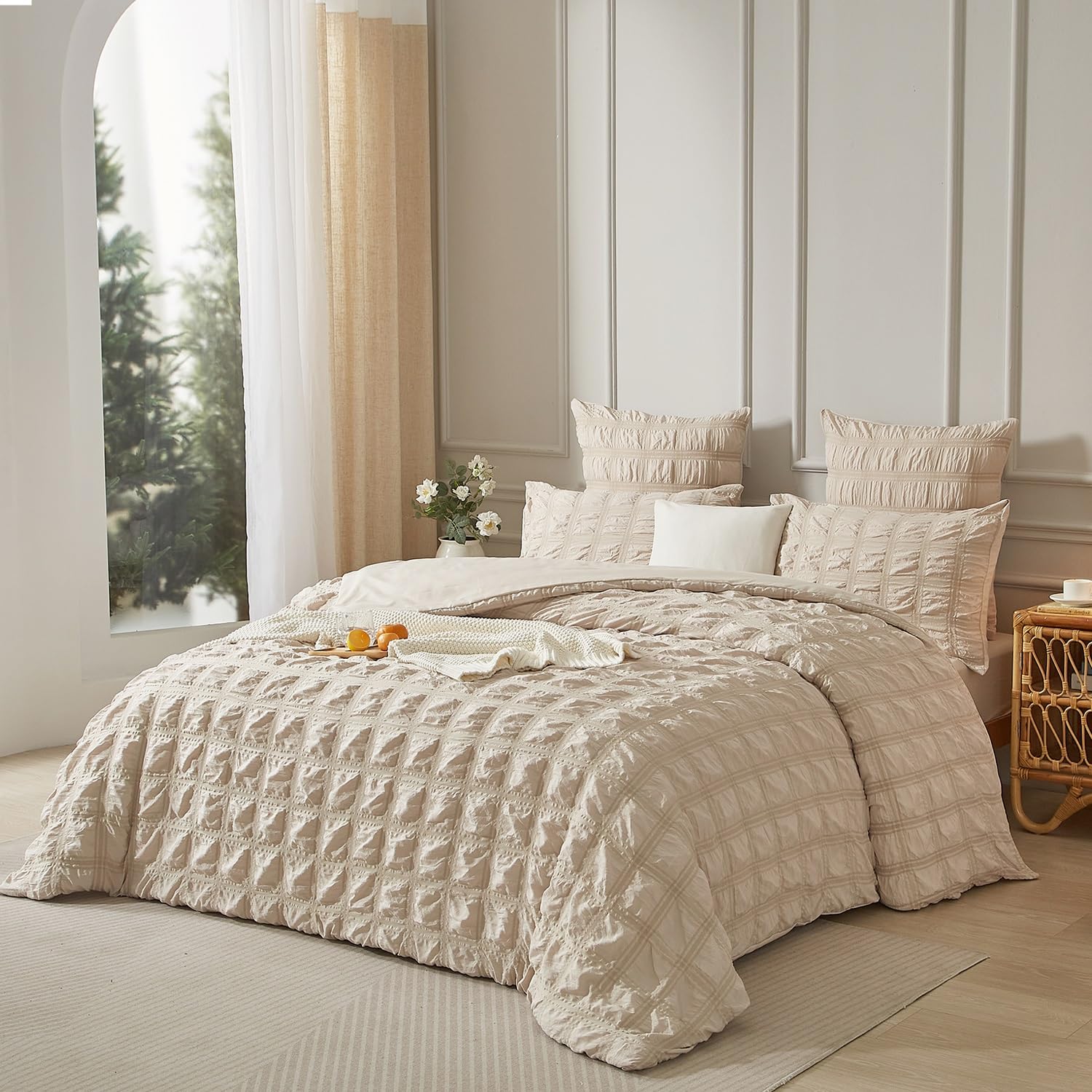 Luofanfei Seersucker Housse de Couette Beige 220x240 Unie a Carreaux Rayés Parure de Lit 2 Personnes Adulte Linge de Lit en Microfibre Uni Parure Housse Couette zippée avec 2 Taies d'oreiller 65x65