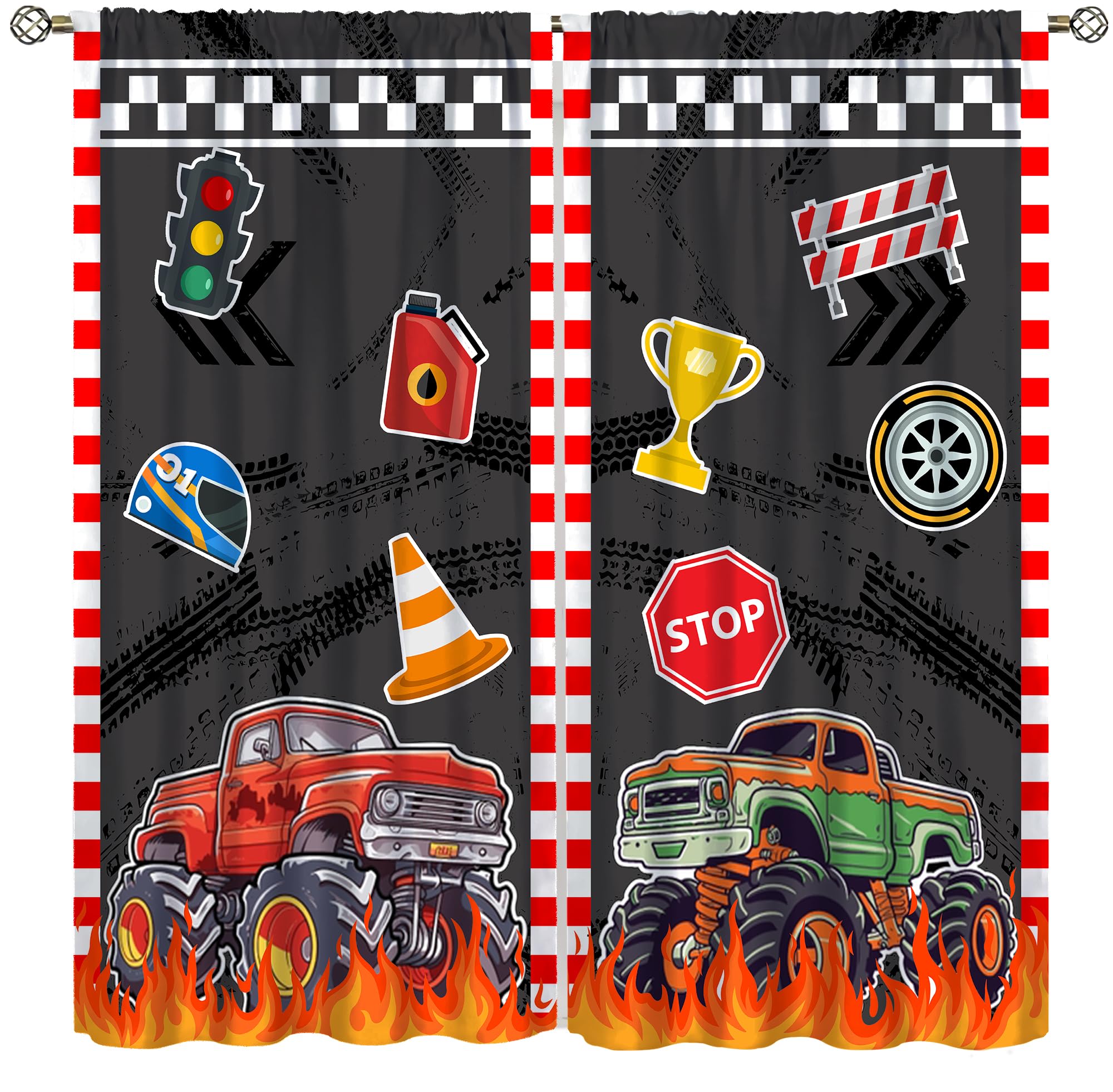 AAVEUP Kids Truck Curtains,Car Race Flag Red Flame Cartoon Monster Truck Trophy Tire Track Window Treatments Rod Pocket Drapes for Kids Boys Nursery Living Room Bedroom 42x45in?No Blackout?
