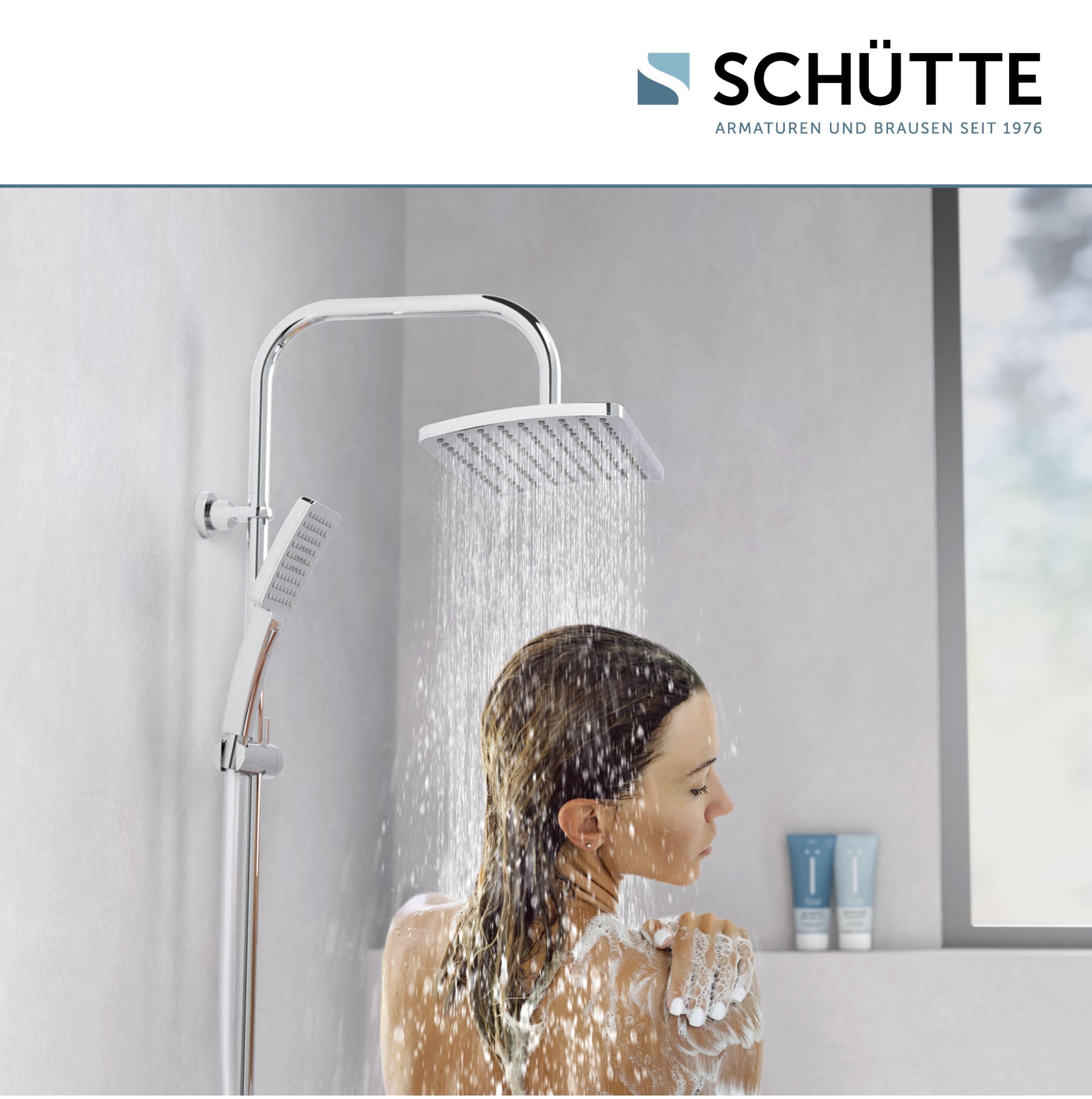 SCHÜTTE Kit de douche Malorca - Colonne de douche avec grande douche à effet pluie - Douchette à main avec 3 types de jets - Système de douche avec barre de douche réglable en hauteur - Chromé