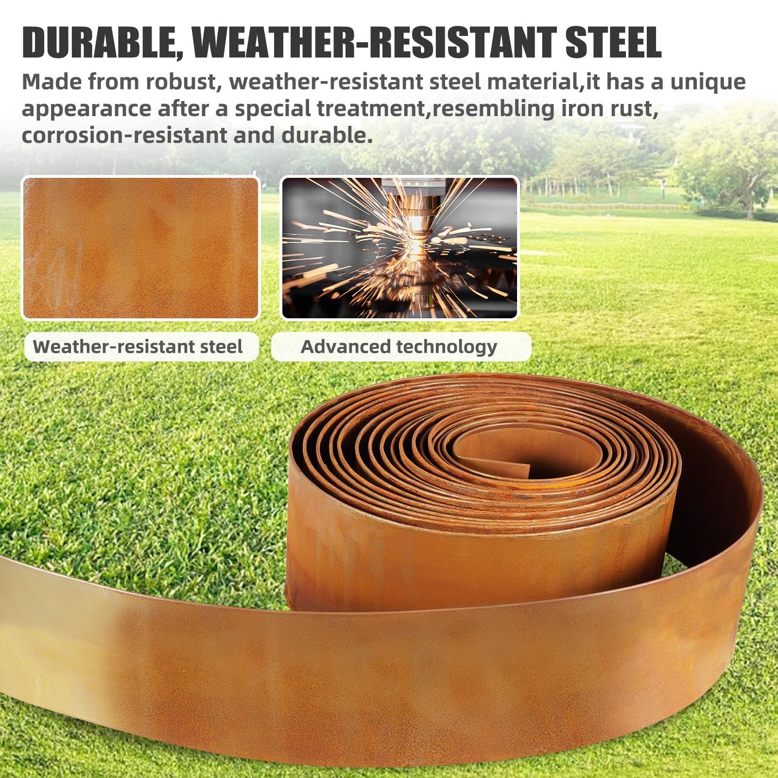 Borde de metal para césped, 10 m × 15 cm, borde de césped de hierro galvanizado con aspecto de corten, fácil montaje, diseño robusto Stay-in-Place, para cercado, empalizada de jardín, aspecto oxidado