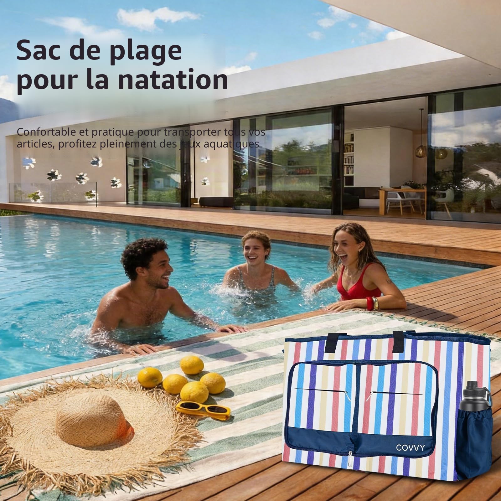 Sac de plage, sac fourre-tout extra large pour femme avec fermeture éclair, étui étanche pour téléphone, décapsuleur, plusieurs poches, résistant à l'eau et au sable, sac à bandoulière pliable