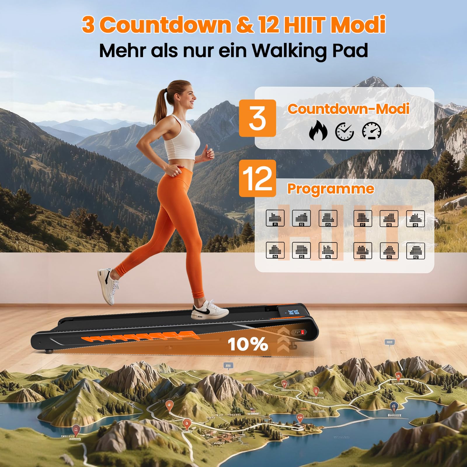 Walking Pad mit Bluetooth Lautsprecher, 4 in 1 10km/h Laufband für Zuhause mit 10% Steigung, 2,75 HP bürstenloser Treadmill für Zuhause & Büro mit LED-Display, 12 HIIT-Programme, Bis 160 kg