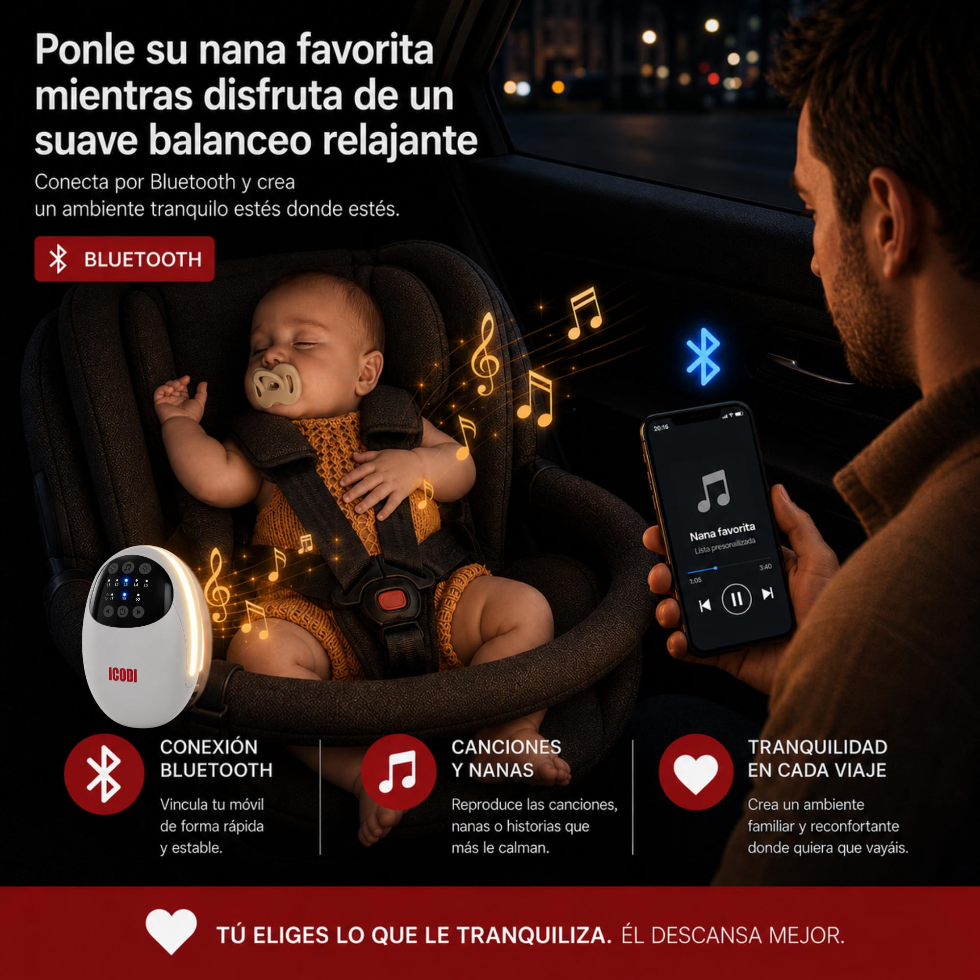Baby Rocker Bebe 4 en 1, Mecedora Bebe Eléctrica para Carrito y Cuna con Bluetooth, Luz Nocturna LED, Ruido Blanco y Sonidos Relajantes, 5 Niveles de Intensidad, Temporizador, Batería Recargable USB-C