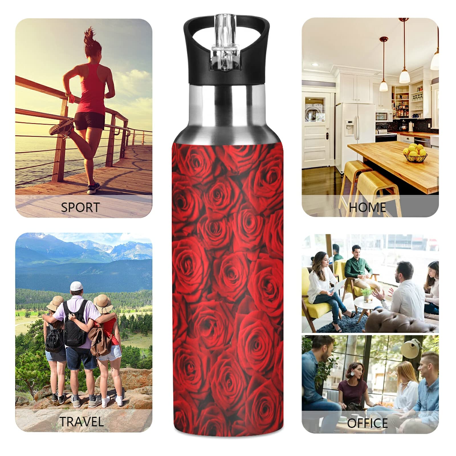 Vakuumisolierte Edelstahl-Wasserflasche 600 Ml – Mit Strohhalm, Motiv Roter Mohn, Auslaufsicher