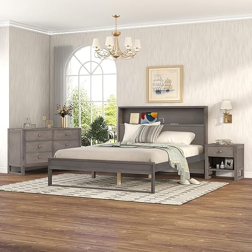 CITYLIGHT Juego de 3 piezas para dormitorio Queen cama de plataforma de madera tamaño Queen con puerto USB una mesita de noche y tocador de 6