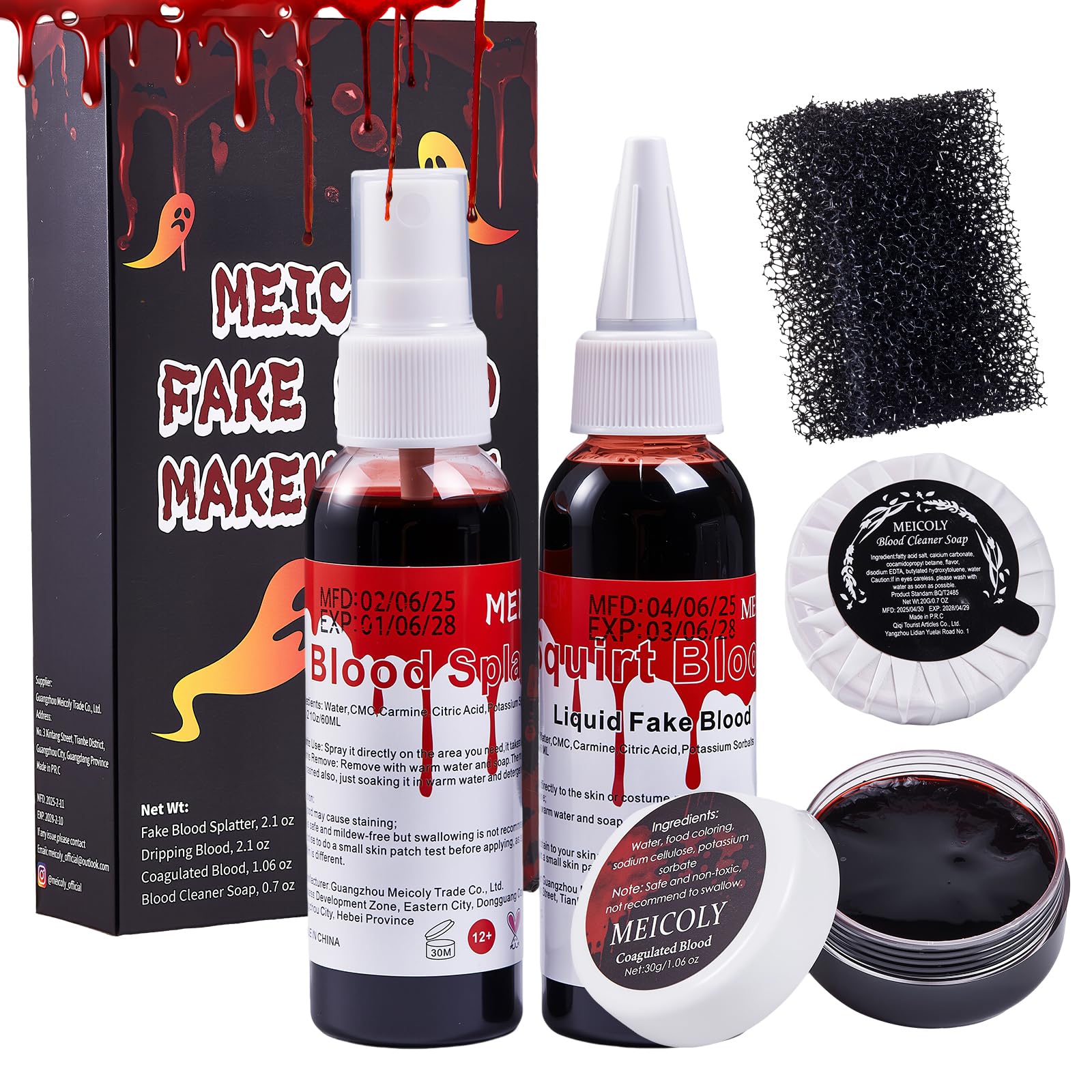 MEICOLY 5PCS Halloween Fake Blood Makeup Kit,Special Effects SFX Makeup for Zombie Vampire Monster Cosplay,2.1oz Fake Blood Spray+2.1oz Dripping Blood+Coagulated Blood+Cleansing Soap+Stipple Sponge