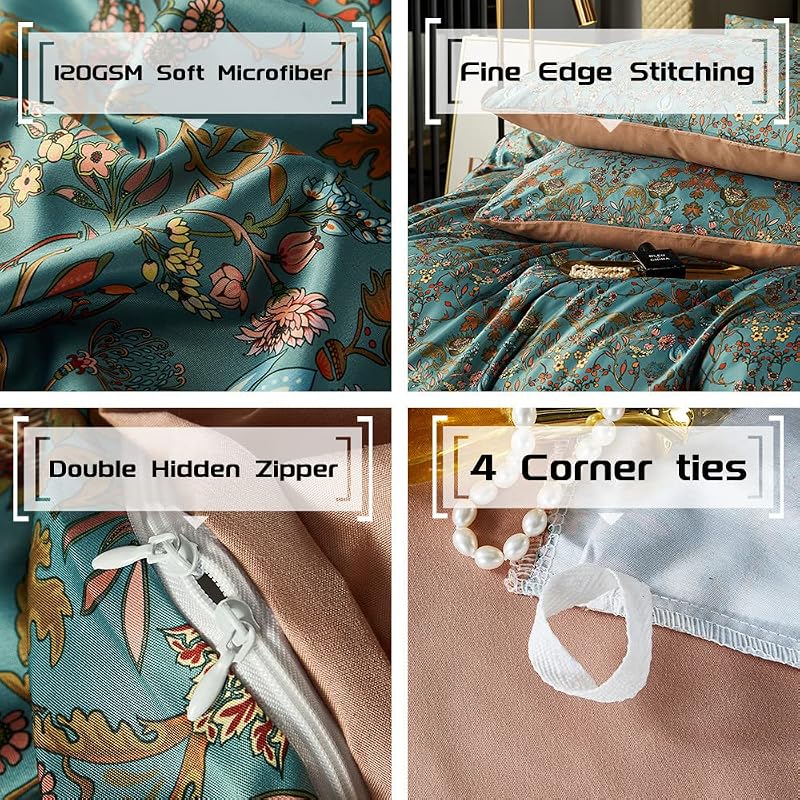 OranFran Vintage Style Duvet Cover Set,5 PCS Boho Comforter Cover Set,Paisley Floral Bedding Set,Green Floral Duvet Cover,King Duvet Cover,Soft Reversible Design(Autumn,King/California King) image 4