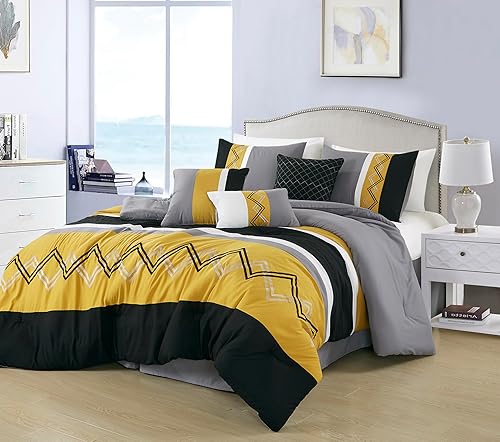 Miniatura 1 de Chezmoi Collection Arden - Juego de edredón moderno de 7 piezas con diseño de rayas plisadas bordadas en zigzag (tamaño King, cúrcumanegrogris