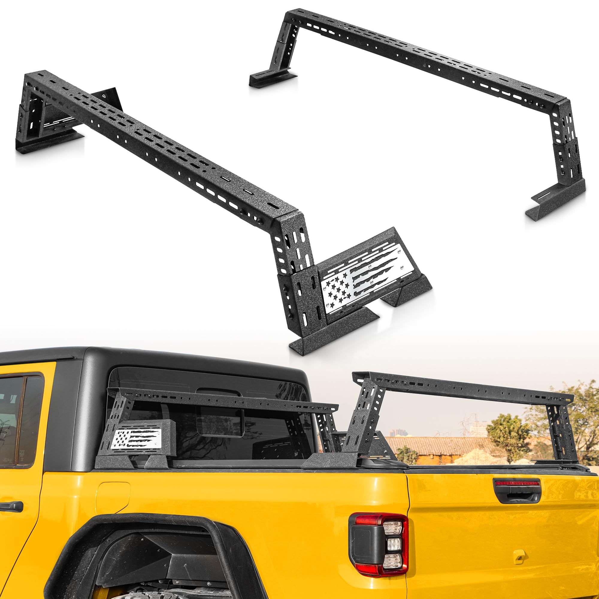 MONOKING Mid-Size Truck Bed Rack with DIY Flag Panels, 14-17" Adjustable High Cargo Rack for Gladiator JT Tacoma Frontier Canyon Colorado Ranger Maverick Heavy Duty Ladder Rack for Rooftop Tent