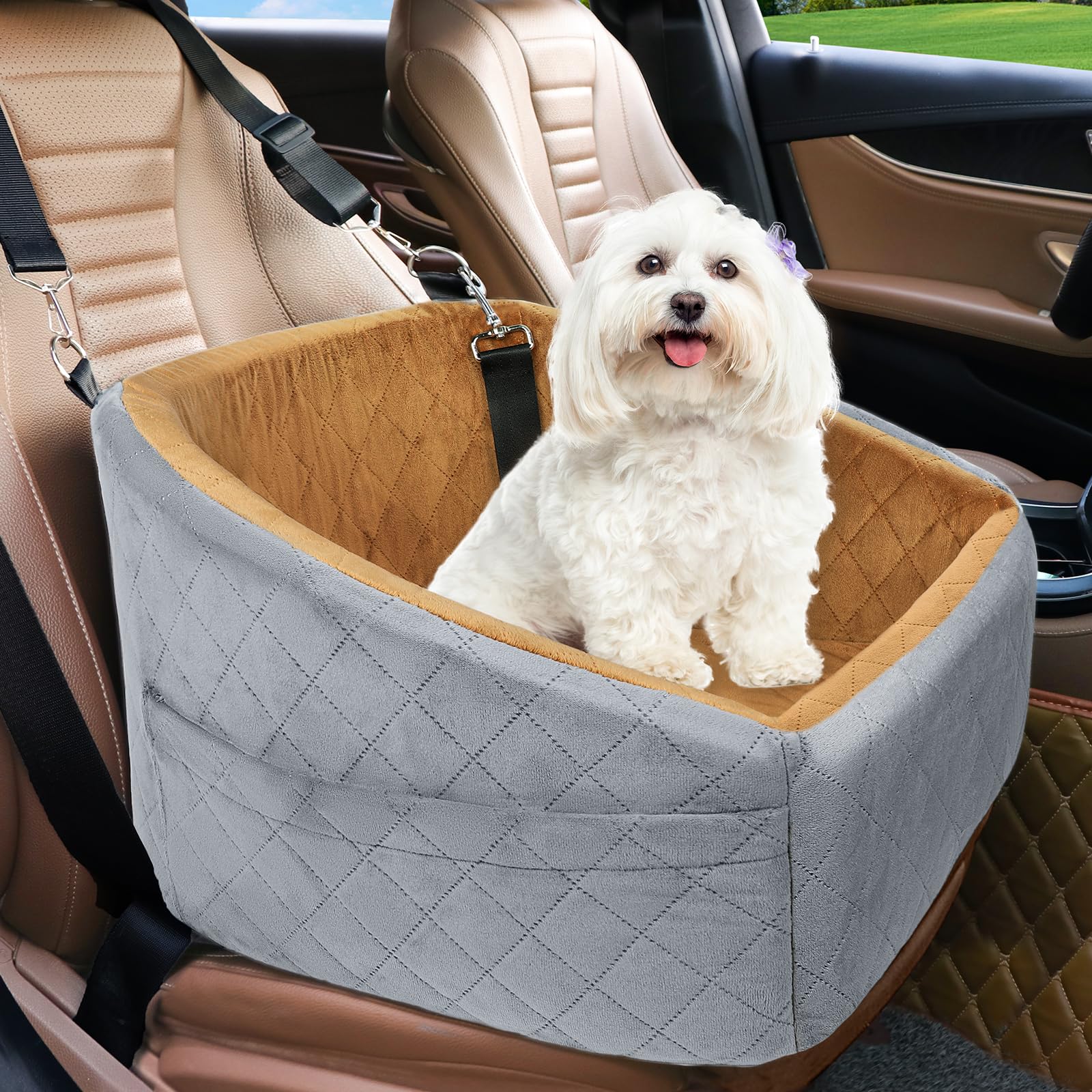 Dog Car Seat for Small Medium Dogs,Detachable Washable Dog Booster Seat  Under 30lbs, Pet Car Seat Travel Bed with Storage Pockets and Dog Safety