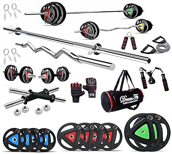DREAM FIT Professional Metal Integrated Rubber Coated Plates Combo - 50Kg Home Gym Set with 23mm 3 ft curl Rod, 23mm 5 ft Straight Rod, 1 Pair Dumbbell rods with hex Nuts and Gym Accessories (50Kg) - image, photos