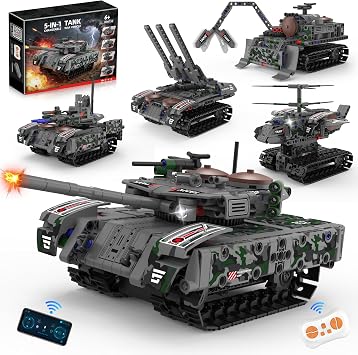 kiothdre 5 in 1 RC Tank Robot Building Blocks Set, WW2 Military Vehicle with 2.4Ghz Remote Control & APP, STEM Robotics Toy for Boys 8-12 & Adult Collectors, Birthday
