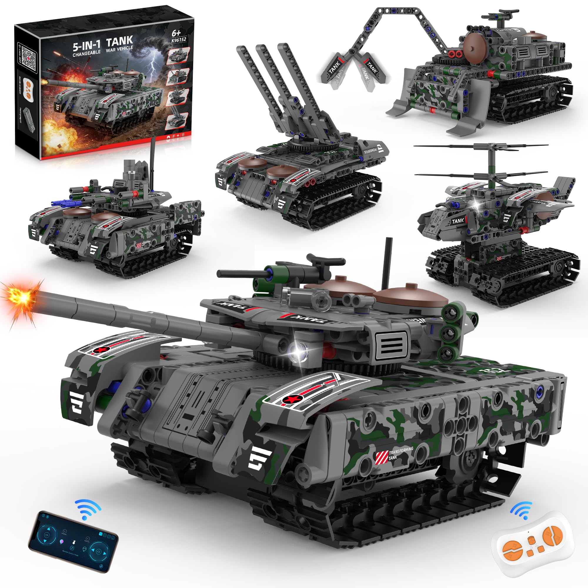 kiothdre 5-in-1 RC Military Tank Building Set, 389PCS APP & Remote Control WW2 Army Vehicle Model, STEM Building Blocks Toy for Boys Ages 6-14, Birthday for Kids