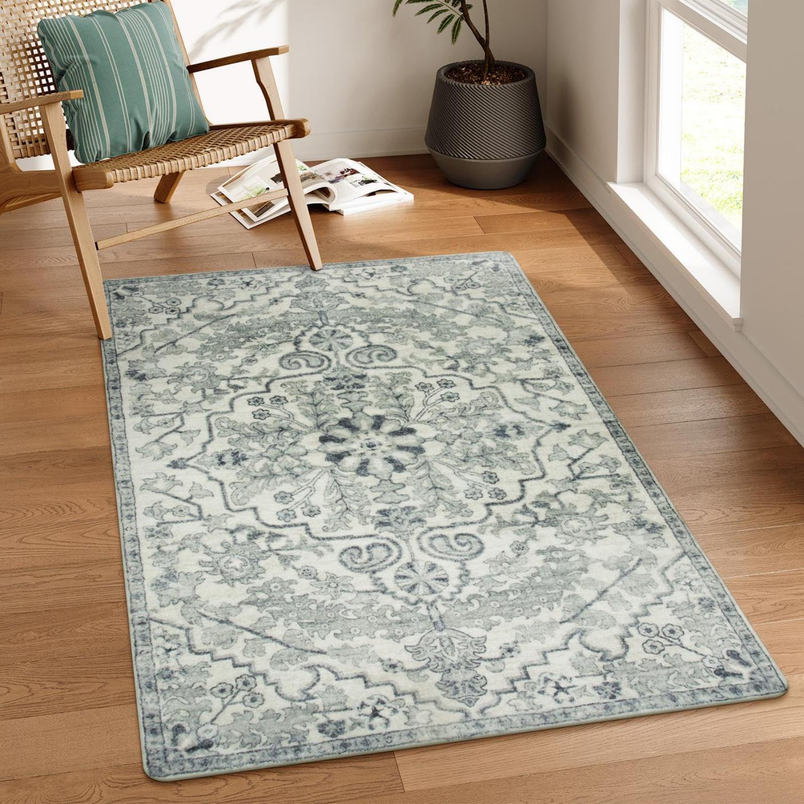 Lahome Reine Bohemian Floral Medallion Area Rug - 3x5 Beige Washable Entryway Rug Office Mat, Transitional Non Slip Indoor Throw Bedroom Carpet for