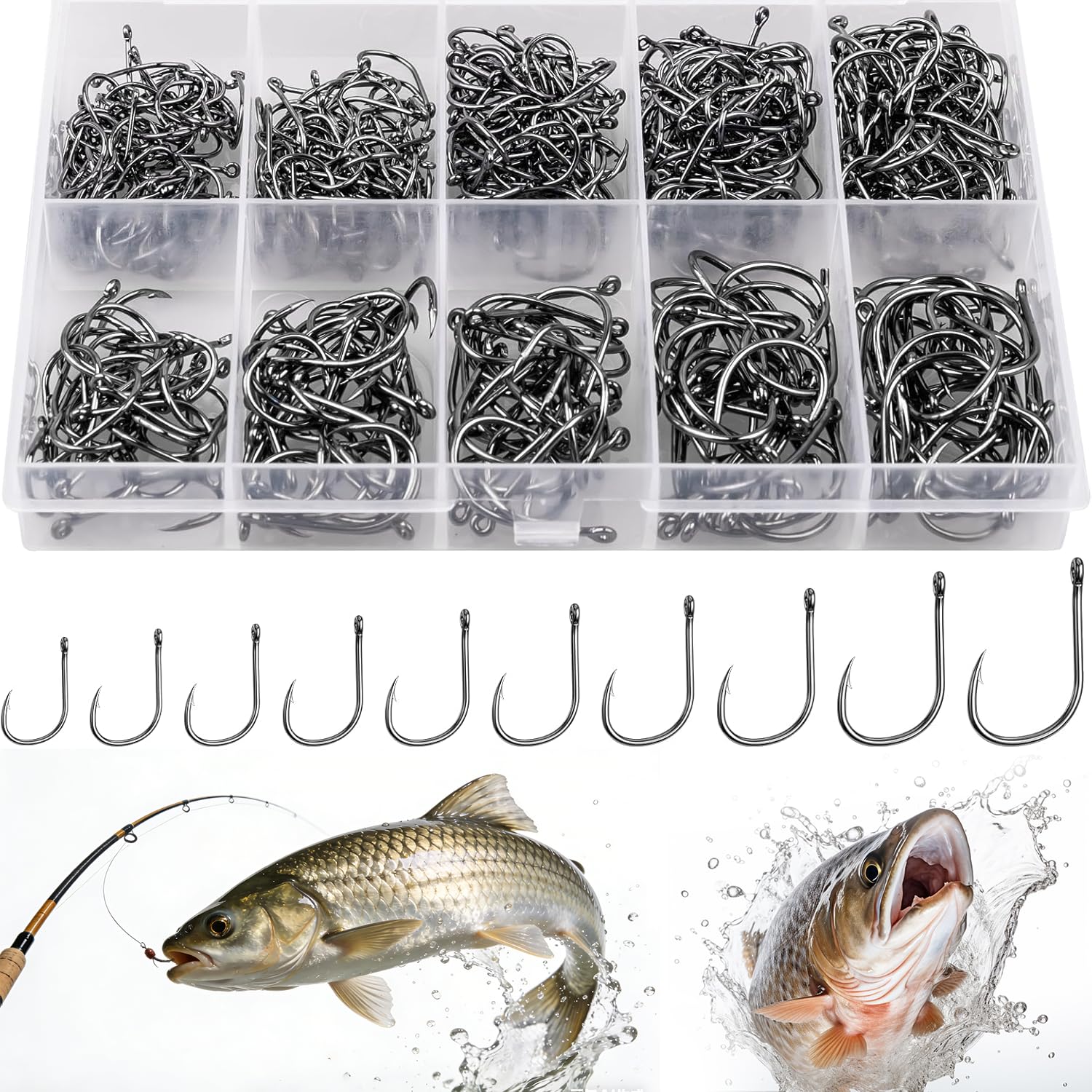 500 Pezzi Ami da Pesca, Ami da Pesca in Acciaio al Carbonio con Scatola di Plastica, 10 Dimensioni Amo Pesca Spinato Ganci a Occhiello Adatto per la Pesca in Lago, in Fiume, in Mare