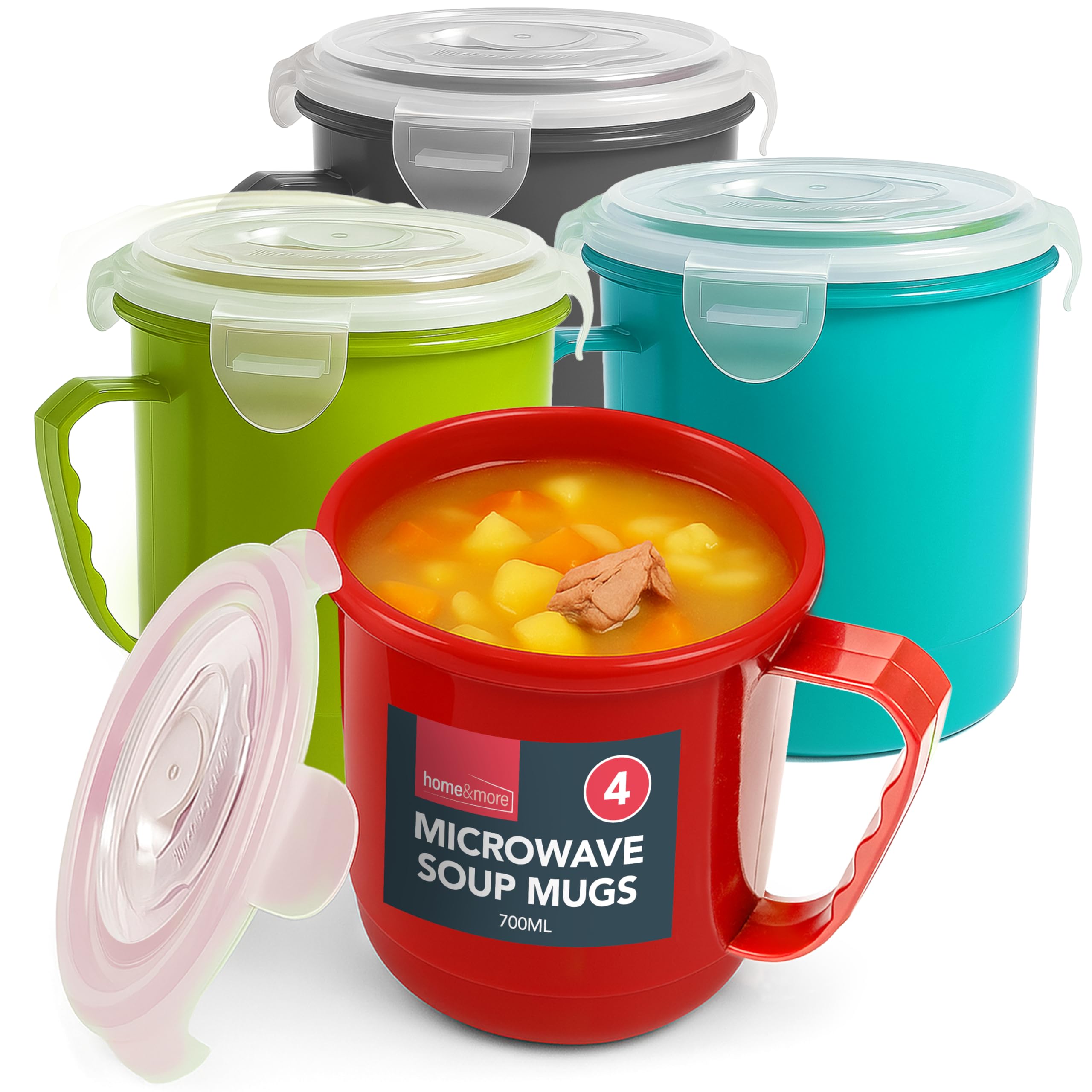 4pk Microwave Soup Mugs 700ml – Plastic Soup Containers with Handles and Lids – Stackable Bowls for Reheating and Serving – Ideal for Home, Office or School – Microwave & Dishwasher Safe