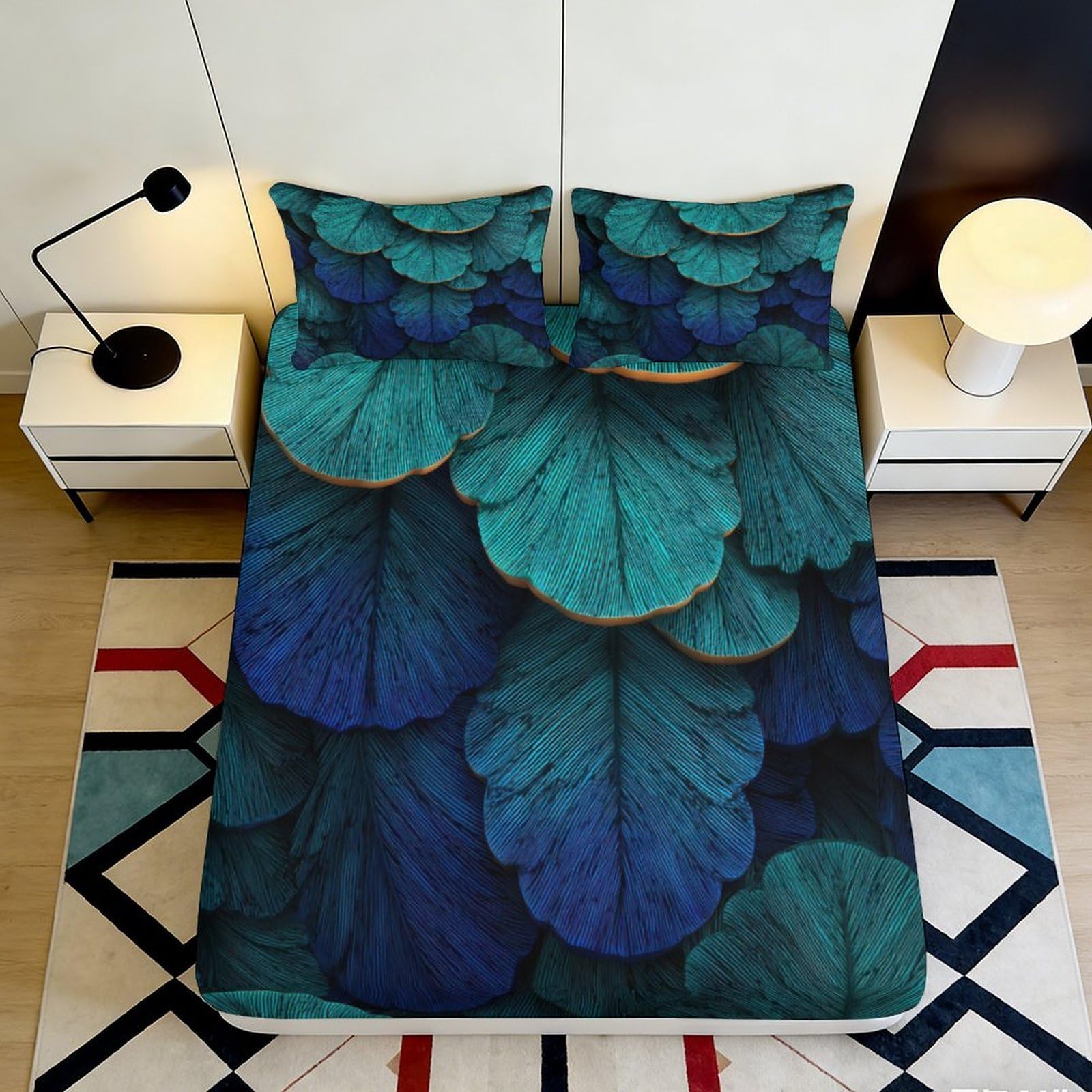 3D Printed Blue Green Leaf Pattern Fitted Sheet Microfiber Soft Breathable Feather Design Mattress Cover for Bedroom Dormitory Guest Room Protection 90x200x25cm
