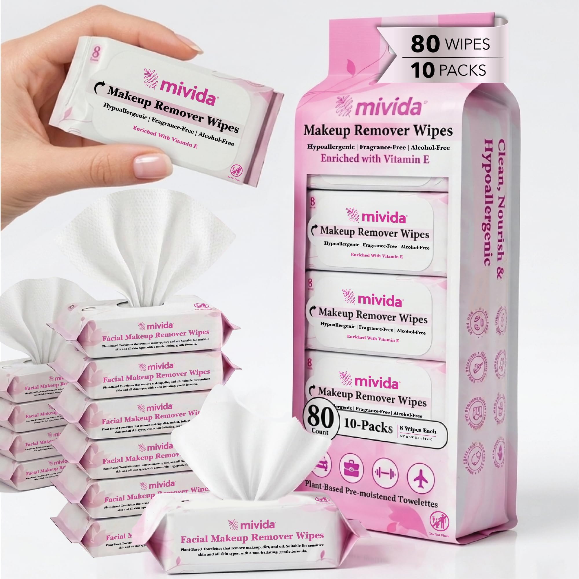 mivida Hypoallergenic Mini Makeup Remover Wipes Travel Size With Vitamin E, 80ct (8×10), Dermatologist Tested & Clinically Tested Makeup Wipes, 10 Packs