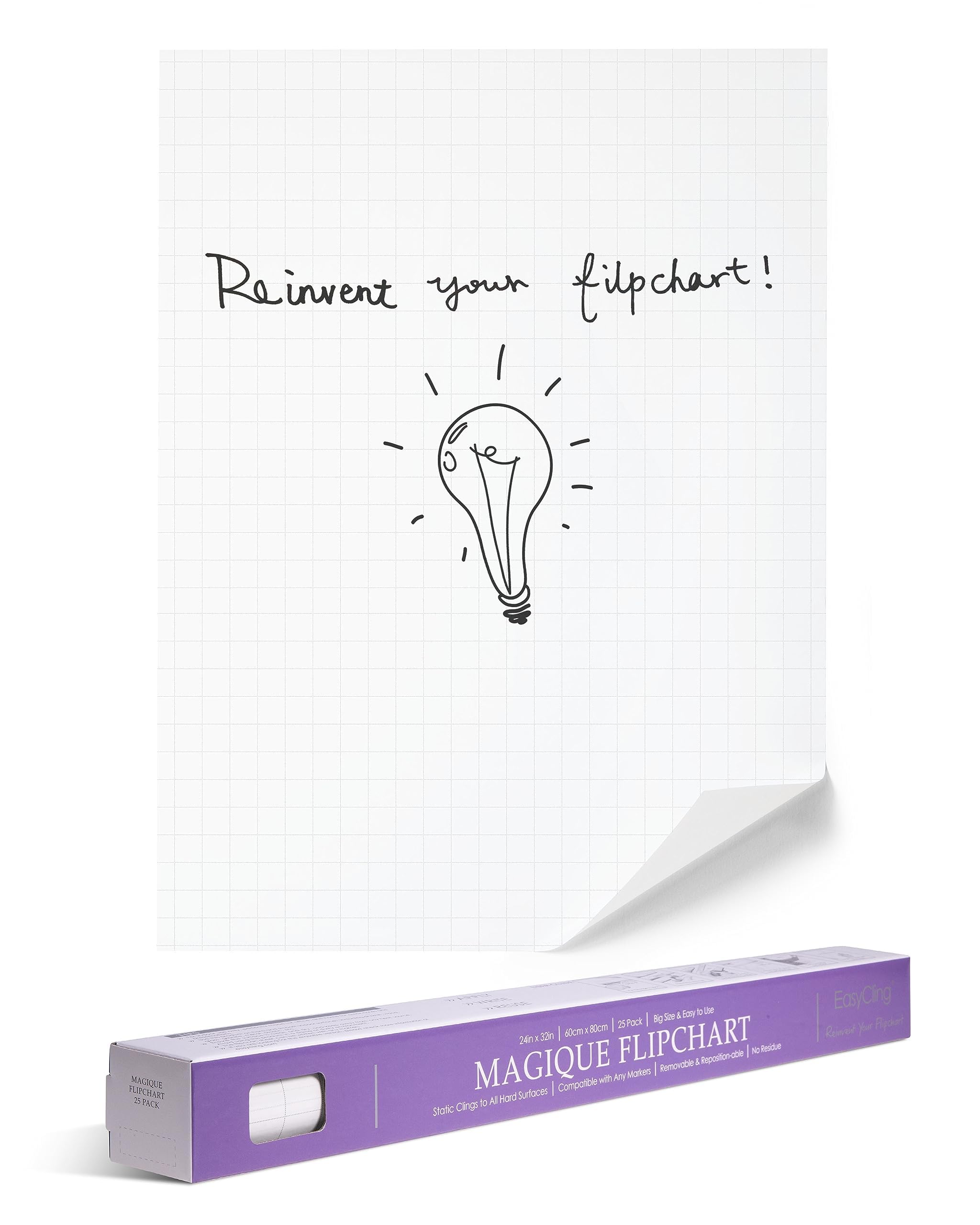 Magique Flipchart Foil, película electrostática para todas las superficies duras, se adhiere sin adhesivos ni imanes, 25 hojas y 1 marcador para pizarra, incluye 60 cm x 80 cm (Flipchart