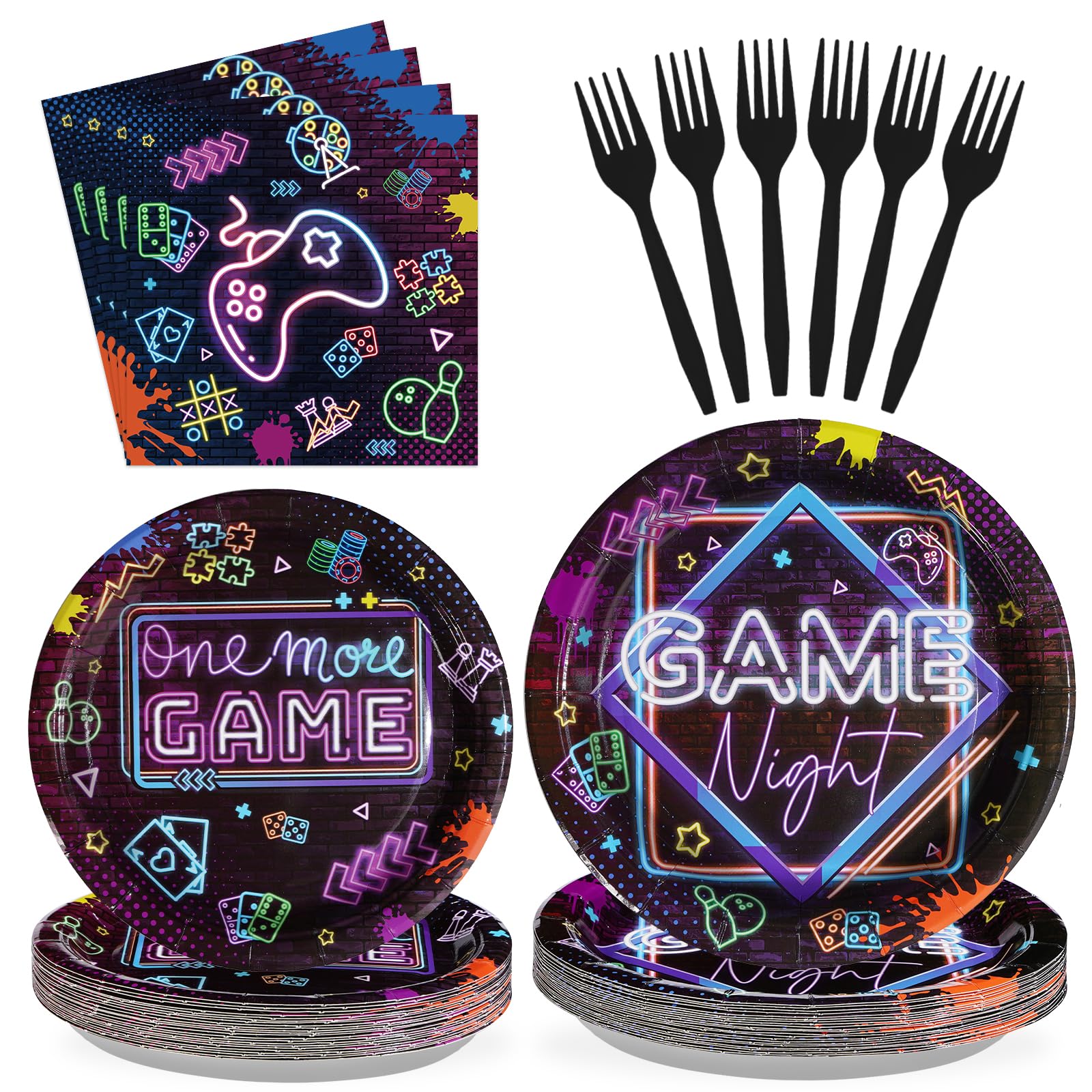 96Pcs Video Game Party Decorations Glow Neon Game On Plates and Napkins Tableware Set Game Night Decorations for Adults Game On Gamer Birthday