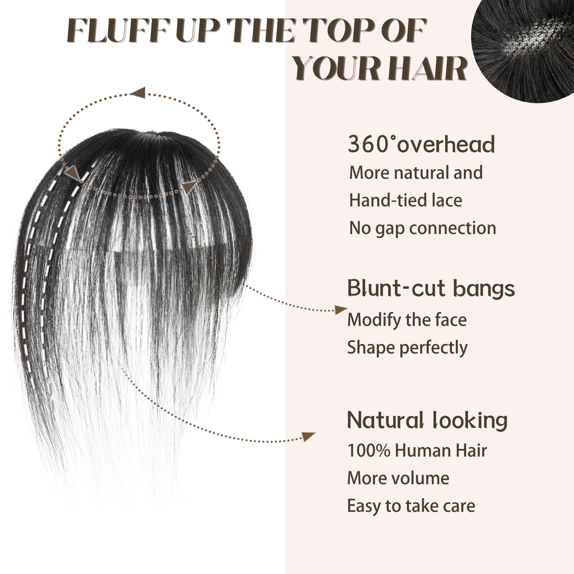 viviaBella Hair toppers, Clip in Bangs Real Human Hair with high cranial top for volume Light and airy French bangs for women for Daily Wear (Natural Black, 3D French Bangs 1.57