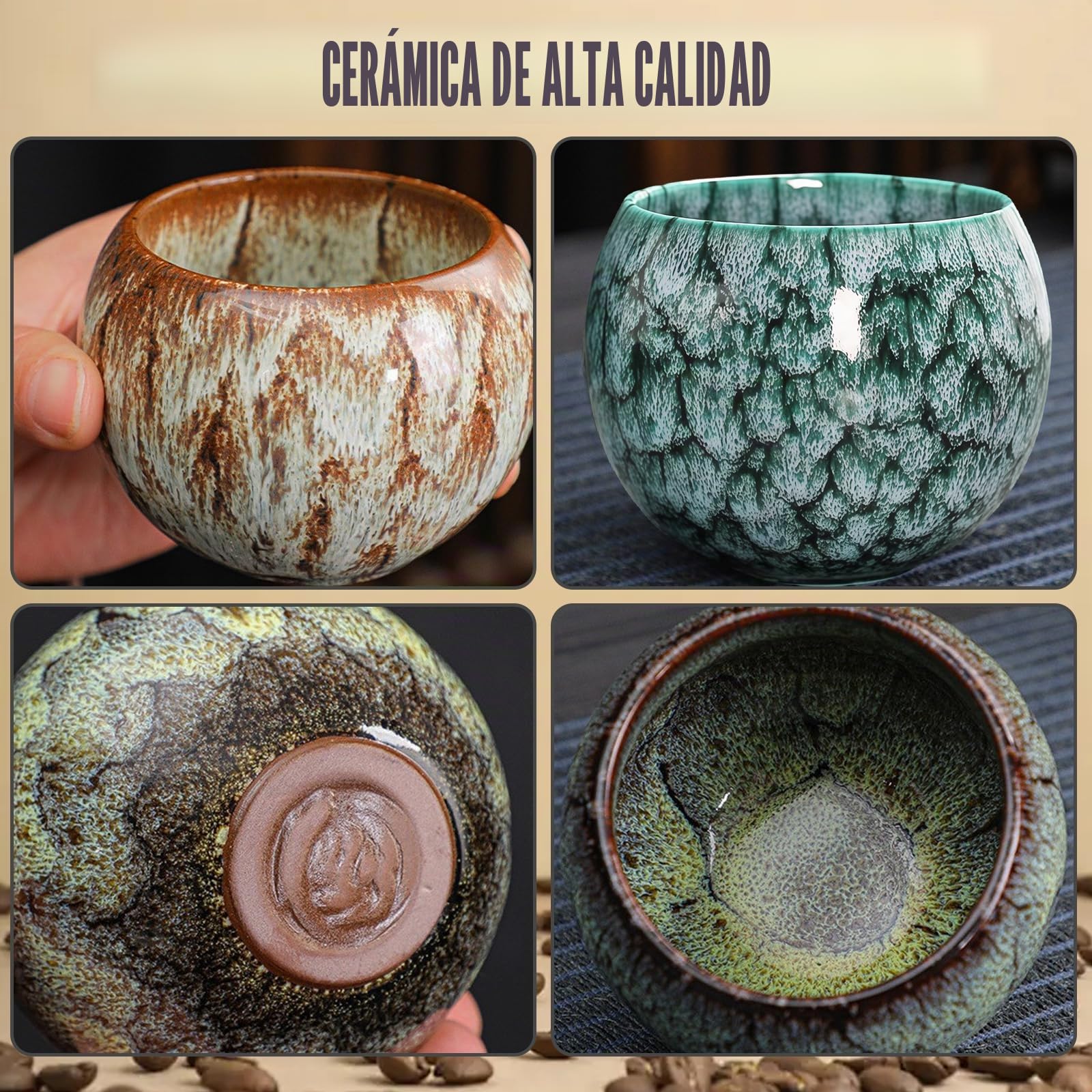 Juego de 5 tazas de café de cerámica, hechas a mano, de porcelana, de pared gruesa, sin asa, 150 ml, para café expreso, té