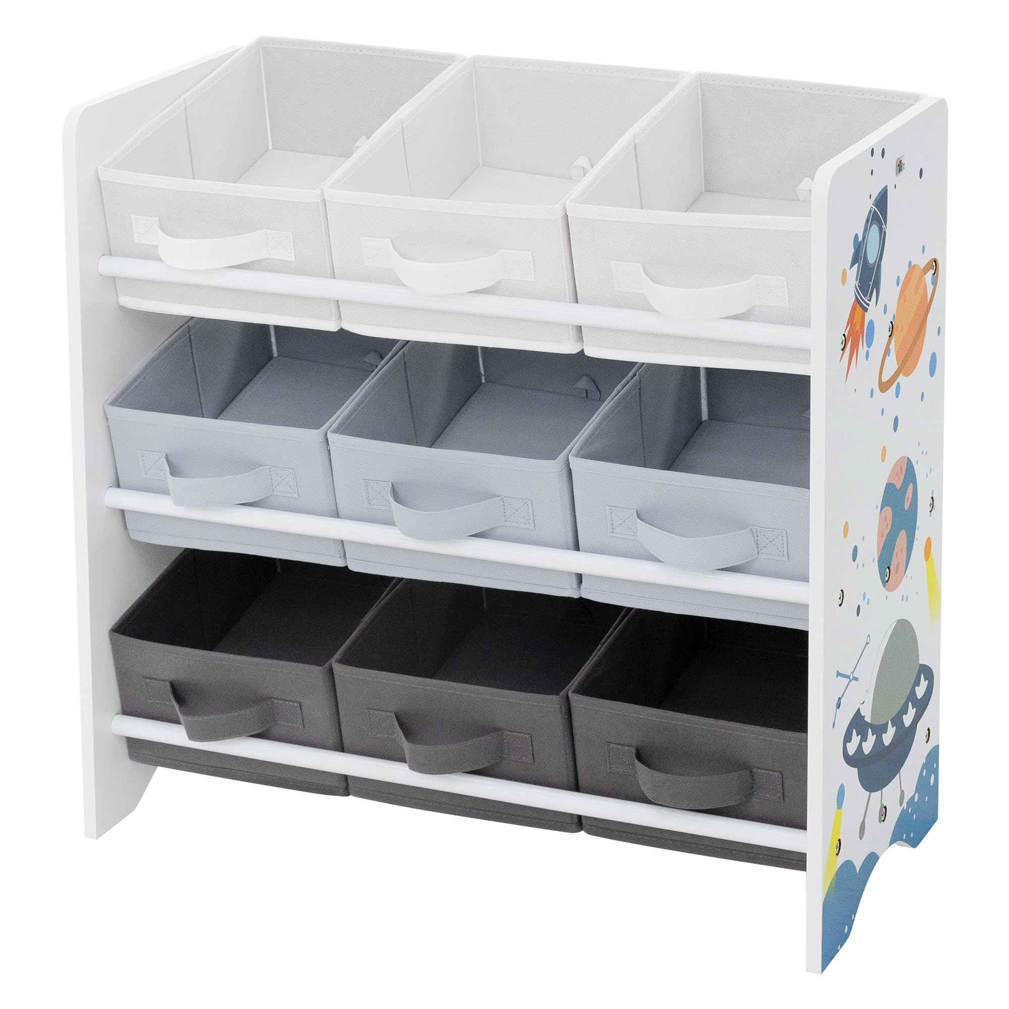 Joyz Libreria per Bambini 62,5 x 29,5 x 60 cm Scaffale con 3 Ripiani Organizzatore per Giocatoli con 9 Scatole in Tessuto Mobiletto per la Stanzina dei Bambini Design con Tematica Spaziale