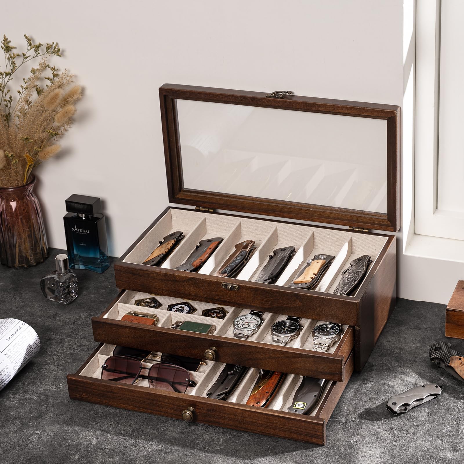 3 Étages Coffret Poignard, Bois Boîte Présentoir à Couteaux avec Tiroir et Couvercle Transparent, Support à Couteaux pour Exposer et Ranger les Couverts, pour Collection, Cadeau (Noyer)
