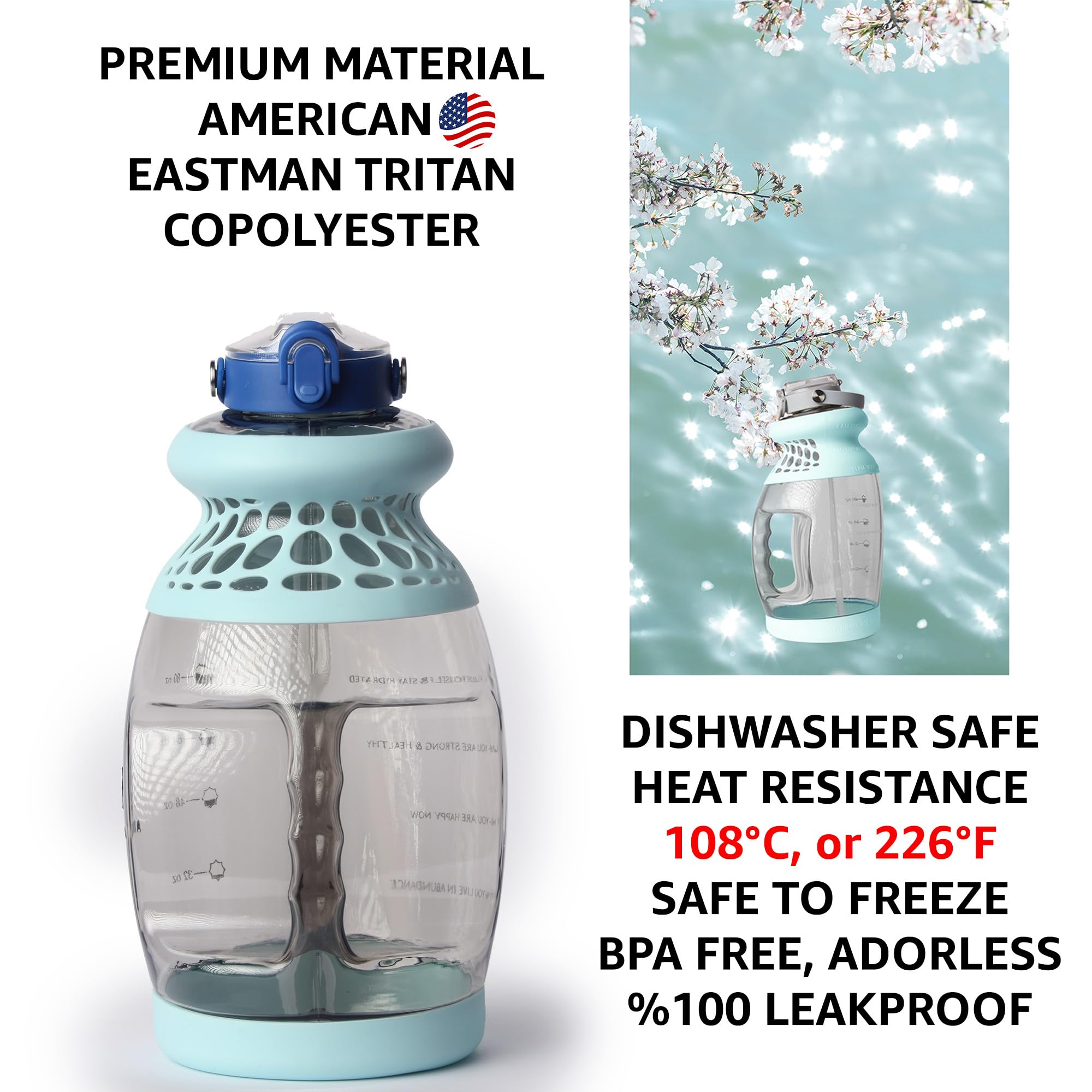 Ergonomische Wasserflasche mit Zeitanzeige, amerikanischer Tritan, 3,5 l Wasserkrug, Sport-Wasserflasche mit Strohhalm, Fitness-Wasserflasche mit Zeit, große Wasserflasche, Blau