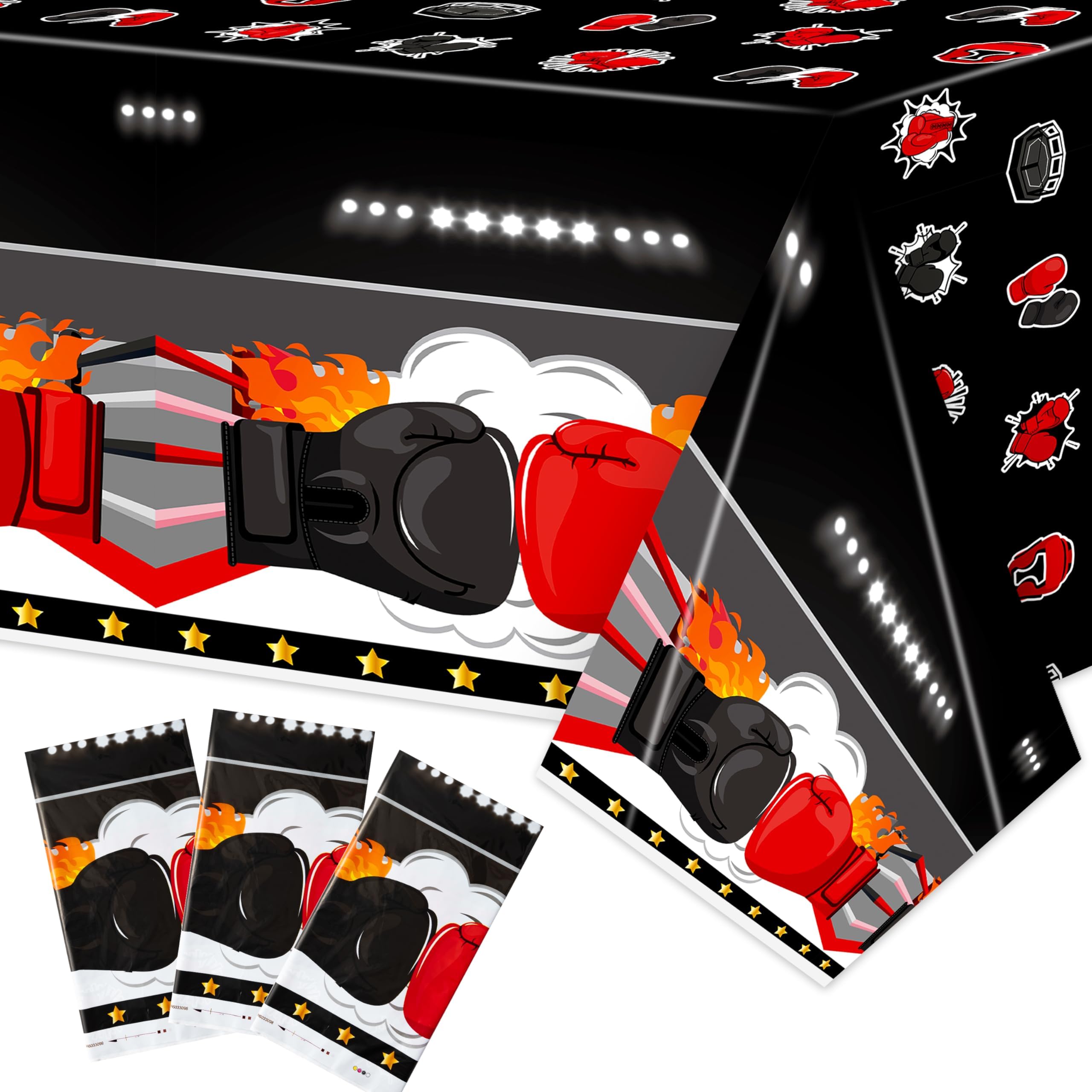 ArowlWesh 3Pcs Boxing Birthday Party Tablecloth - 87x 51 Inches Plastic Boxing Gloves Table Cover Disposable Fight Sports Table Cloth for Kitchen Picnic Match Birthday Party Decor Supplies