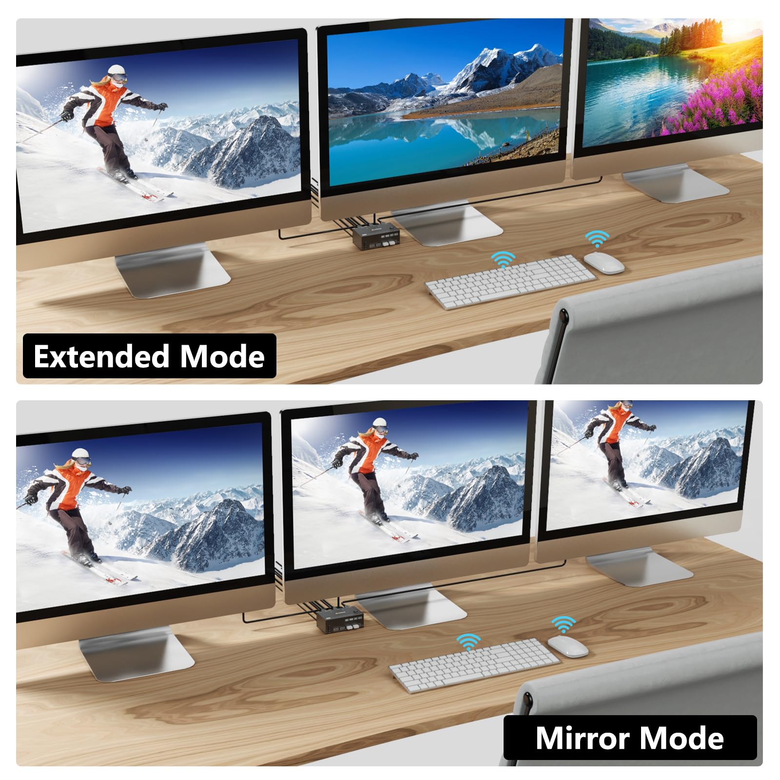 Przełącznik USB 3.0 KVM 2 PC 3 monitory 8K 60 Hz 4K 144 Hz, Triple Monitor KVM Switch 2 Displayport + HDMI do 2 PC części, mysz, klawiatura, z przewodowym pilotem