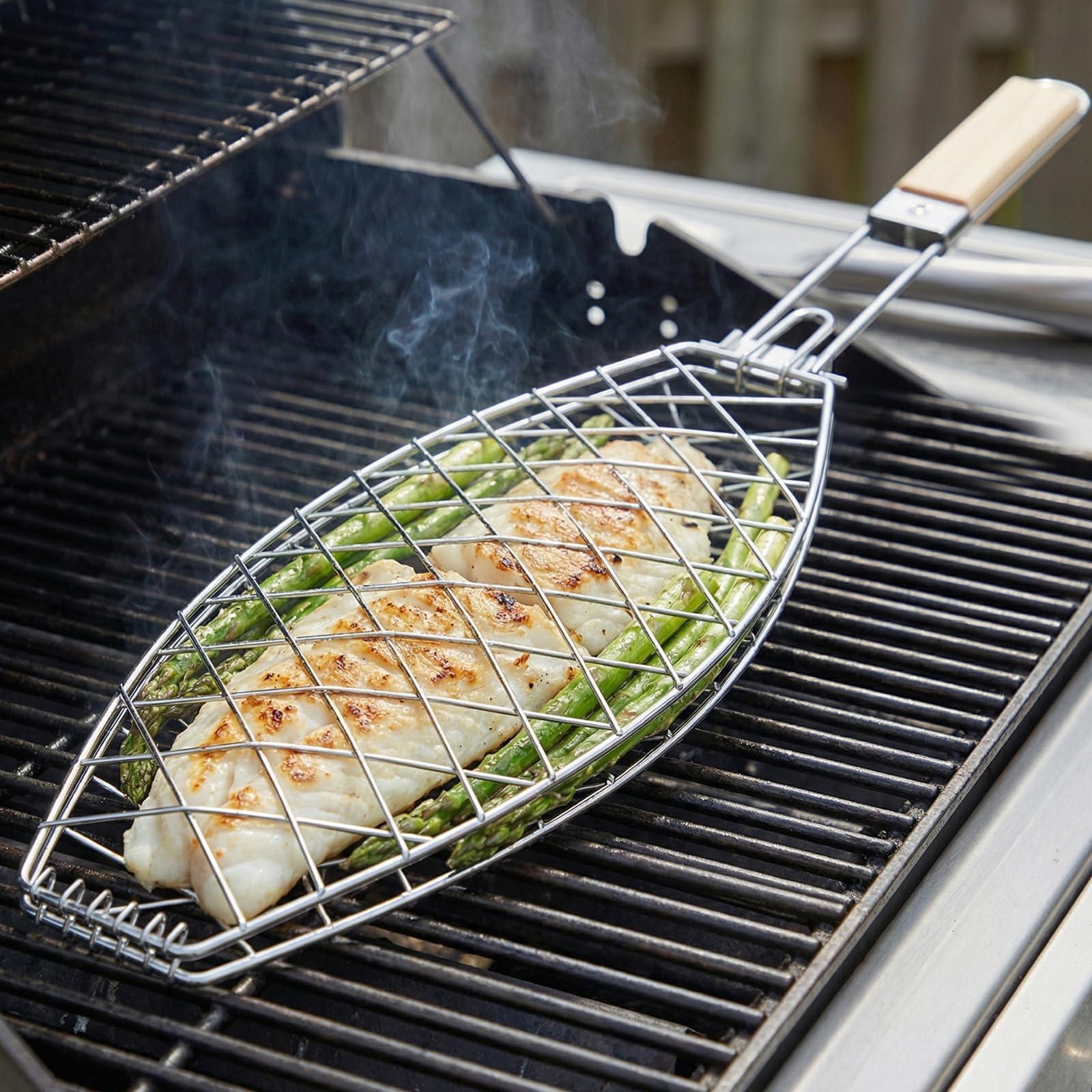 Griglia Barbecue, 35,5x12 cm, Cestello Pesce in Acciaio Inox con Pennello Olio e Spazzola Pulizia, Manico Rimovibile e Pieghevole, Rete Antiaderente, Graticola per Verdure Gamberetti Bistecche Feste
