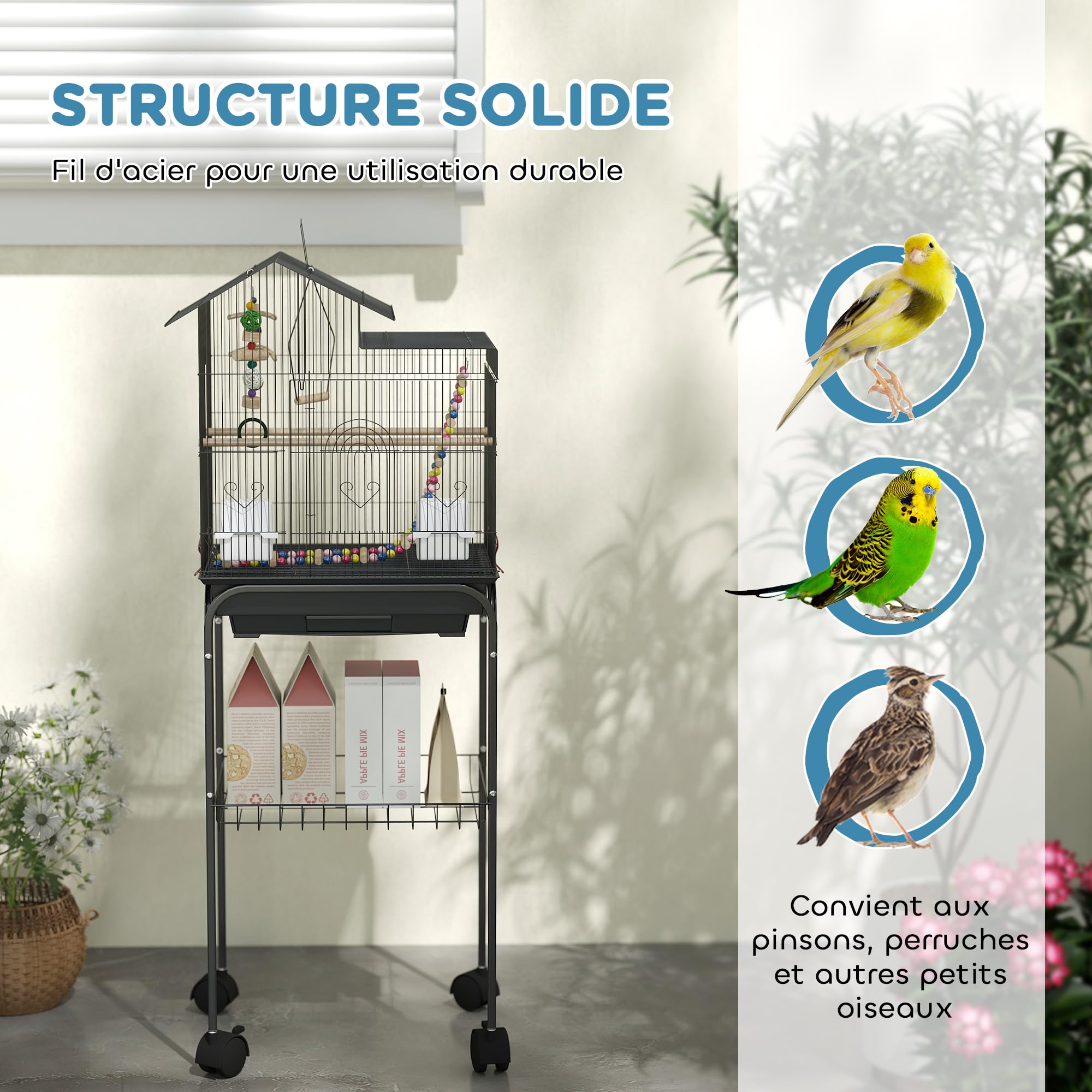 PawHut Cage à Oiseaux sur Roues 46 x 36 x 120 cm 2 mangeoires 2 perchoirs étagère Cage pour Perruche calopsitte Conure Pinson canaris