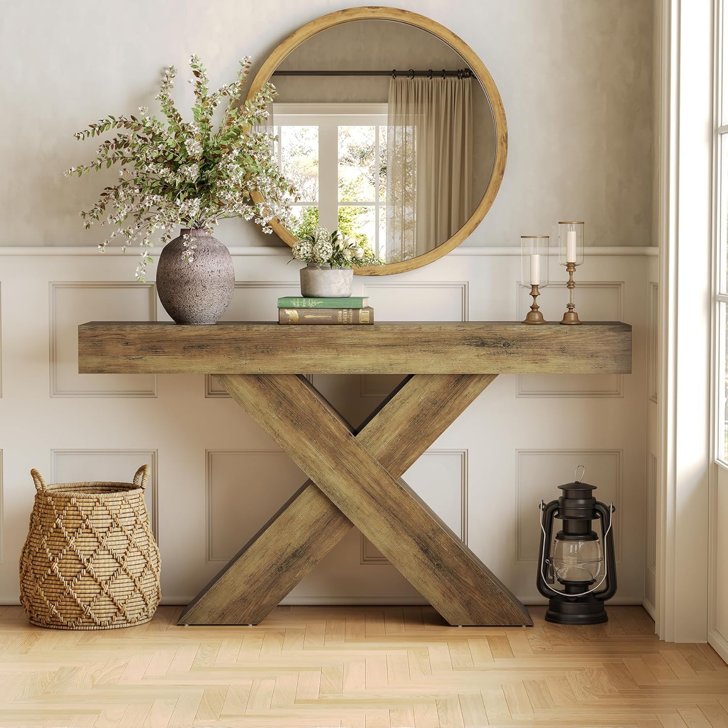 Tribesigns Consola Estrecha De 140 Cm, Estilo Rústico, para Entrada, Mesa De Centro En Forma De X Detrás del Sofá, Ideal para Salón, Entrada, Recibidor O Pasillo, Color Marrón Rústico