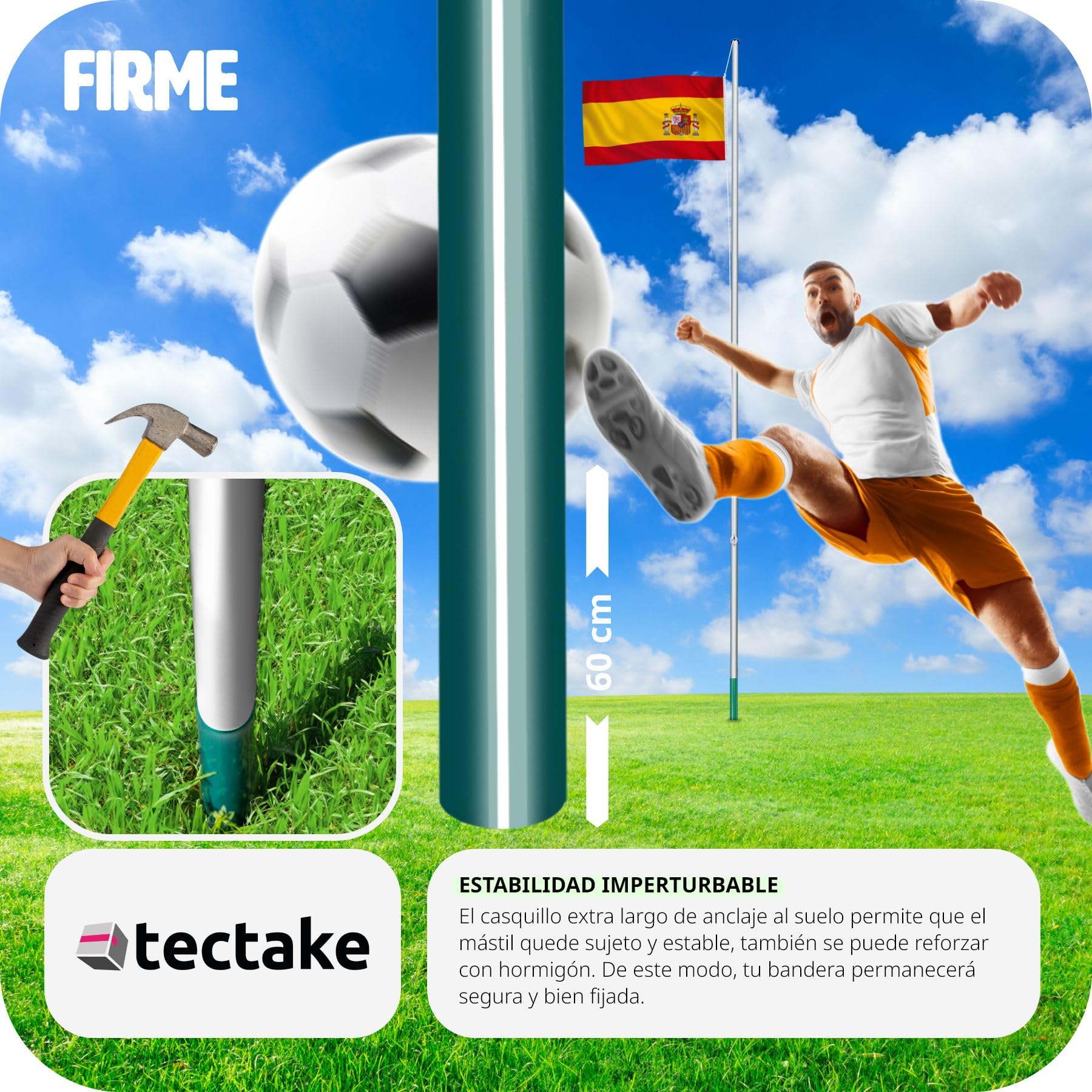 tectake® Mástil Bandera Altura Ajustable, Mástil Aluminio Altura Máx 6,25 m, Asta Bandera con Casquillo para Suelo, Mástil Bandera Exterior con Cuerda de Izado, Montaje Rápido, Incl. Bandera España