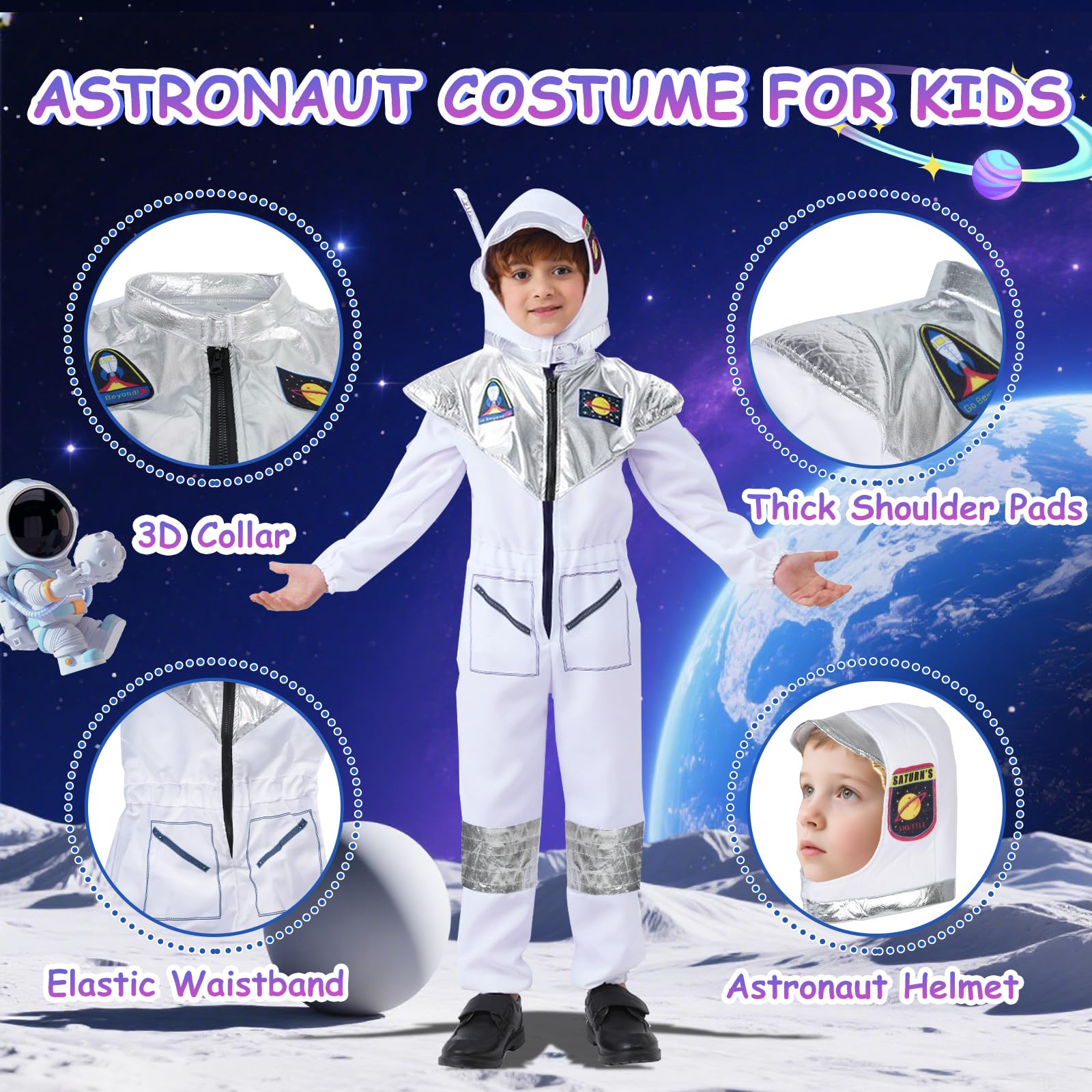 BSBUY Kids Astronaut Costume Unisex Astronaut Costume Cosplay Toys Space Adventure Outfit with Astronaut Helmet Spaceman Jumpsuit Fancy Dress for Girls or Boys World Book Day Christmas Gift(110) - Image 3
